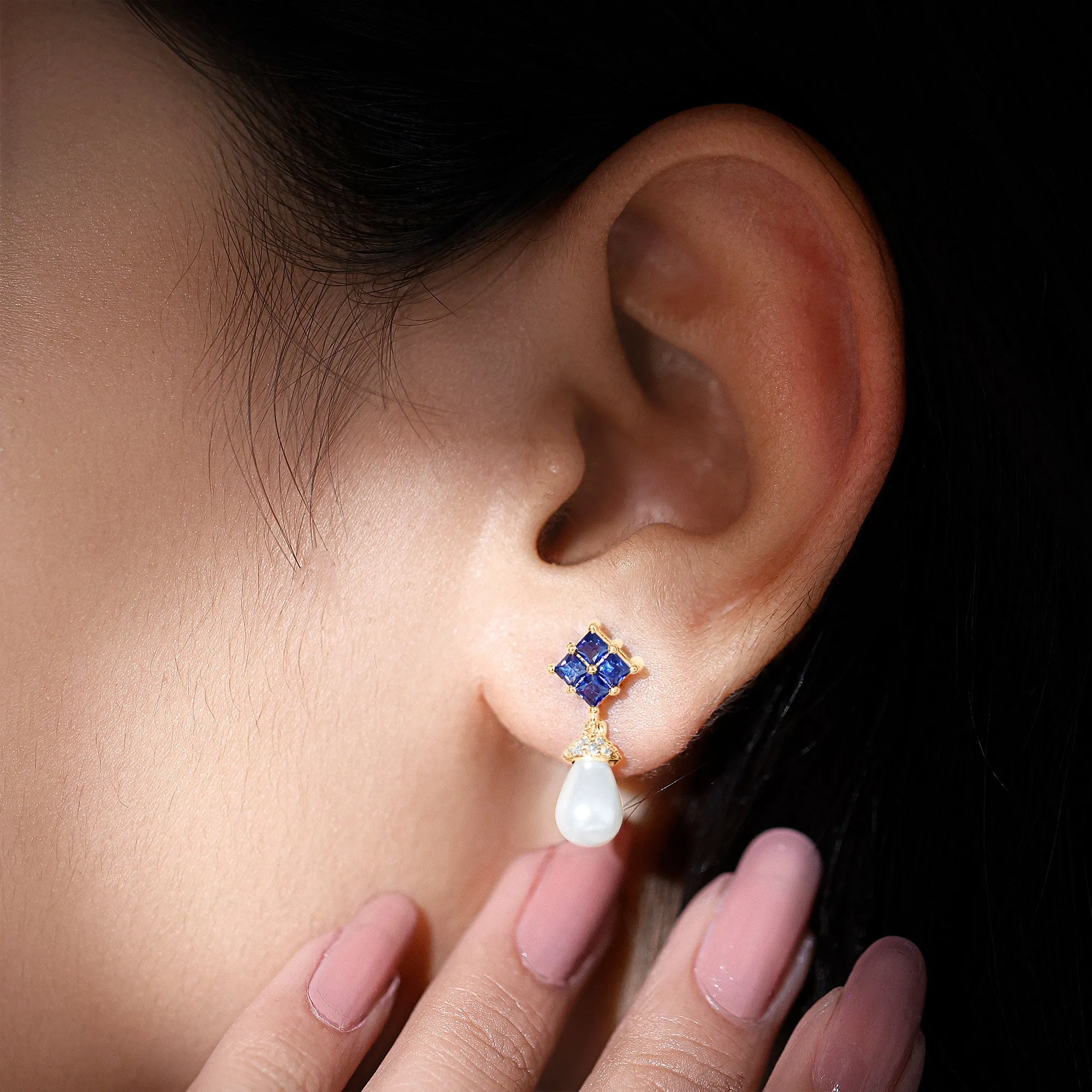 Minimal Freshwater Pearl Drop Earrings with Cluster Blue Sapphire