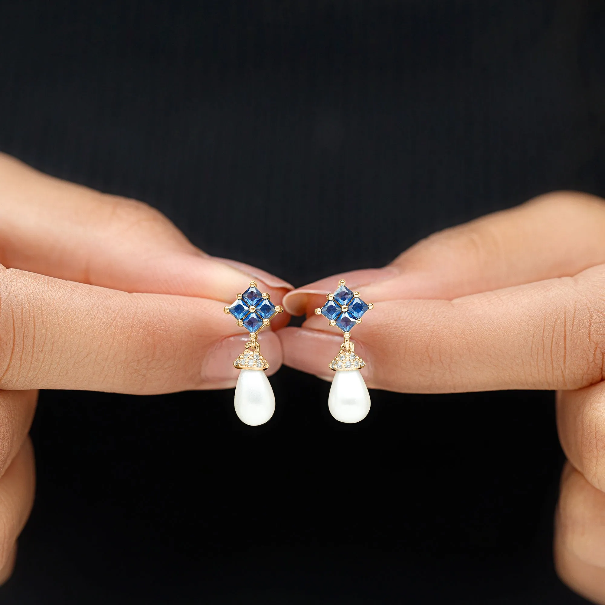 Minimal Freshwater Pearl Drop Earrings with Cluster Blue Sapphire