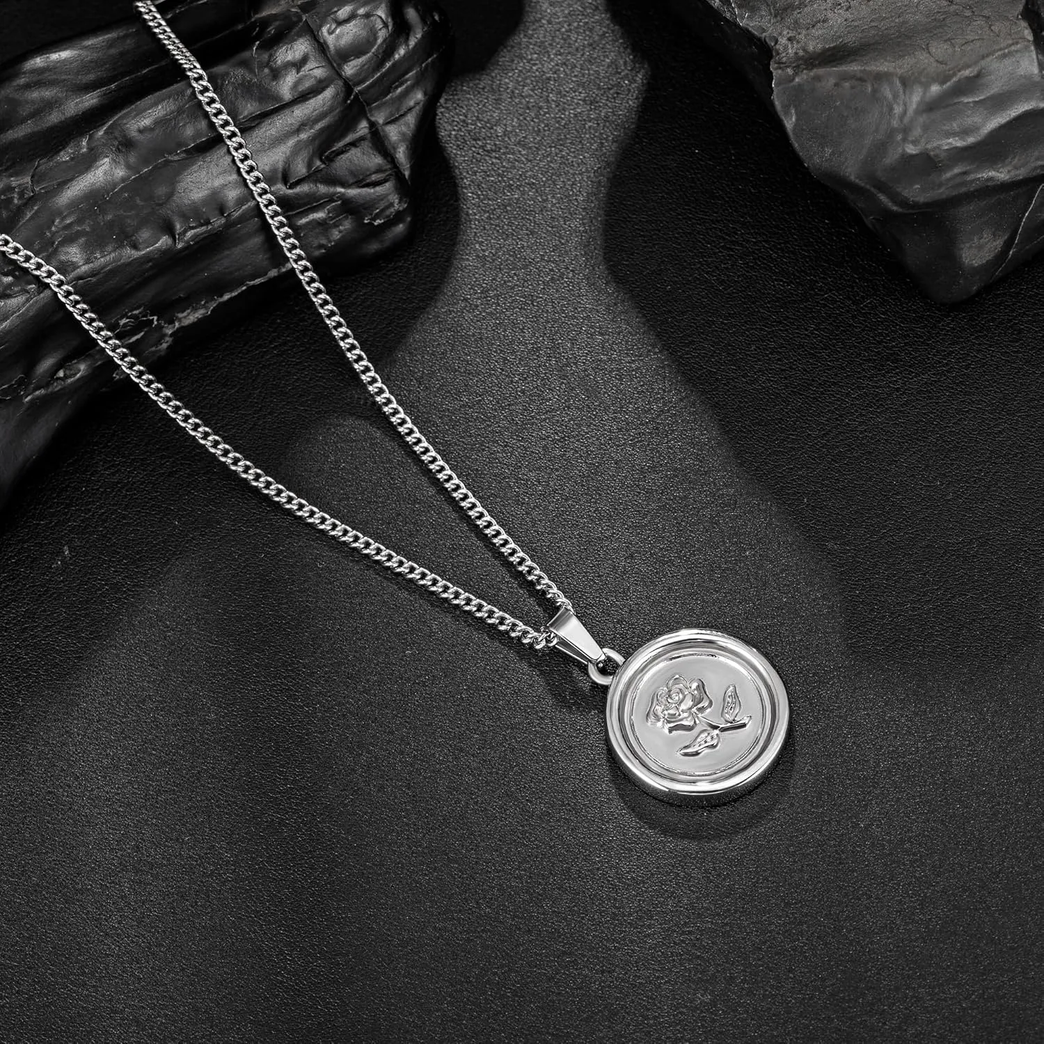 murtoo Rose Pendant Necklace for Men, Silver Stainless Steel Necklace with Carved Rose Pendant for Men and Women, Rose Flower Necklace