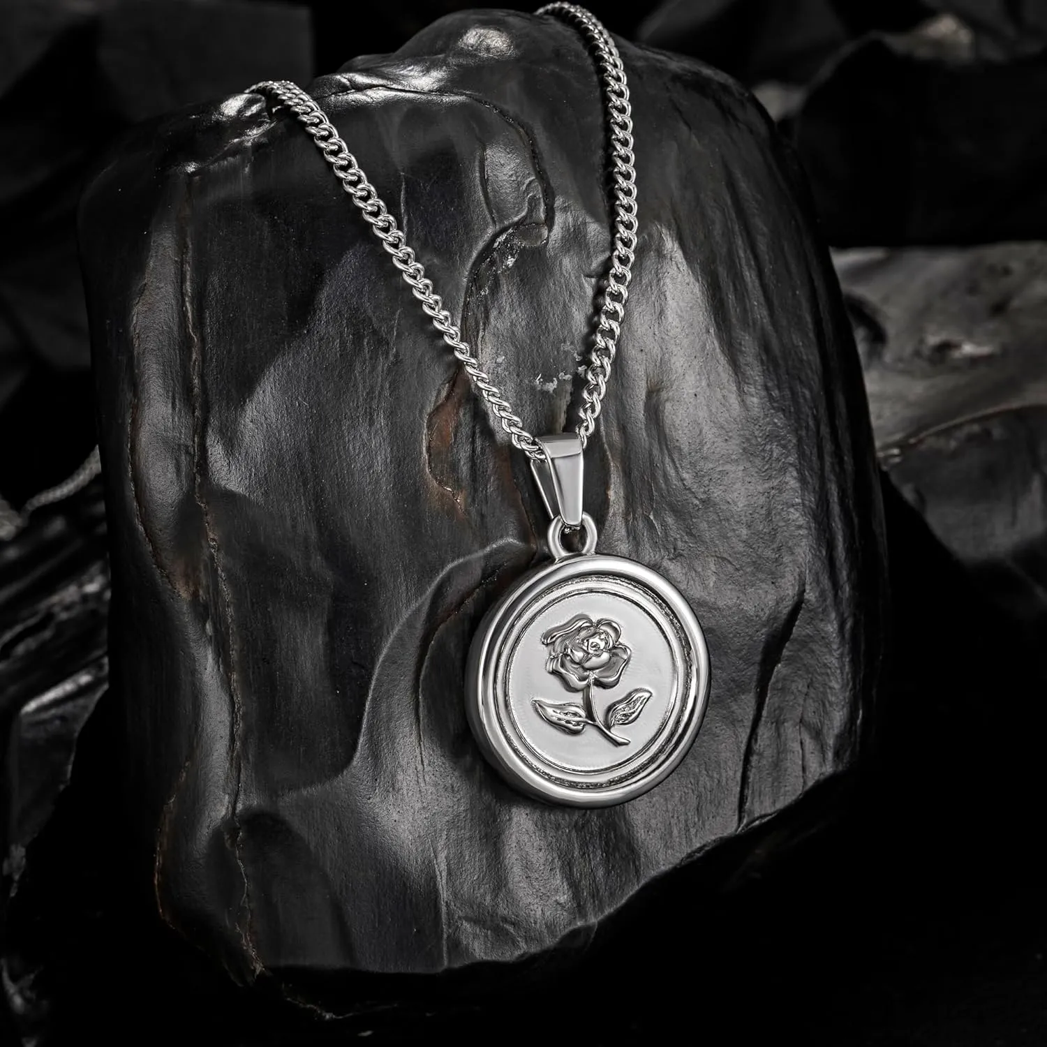 murtoo Rose Pendant Necklace for Men, Silver Stainless Steel Necklace with Carved Rose Pendant for Men and Women, Rose Flower Necklace