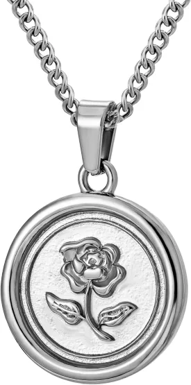 murtoo Rose Pendant Necklace for Men, Silver Stainless Steel Necklace with Carved Rose Pendant for Men and Women, Rose Flower Necklace