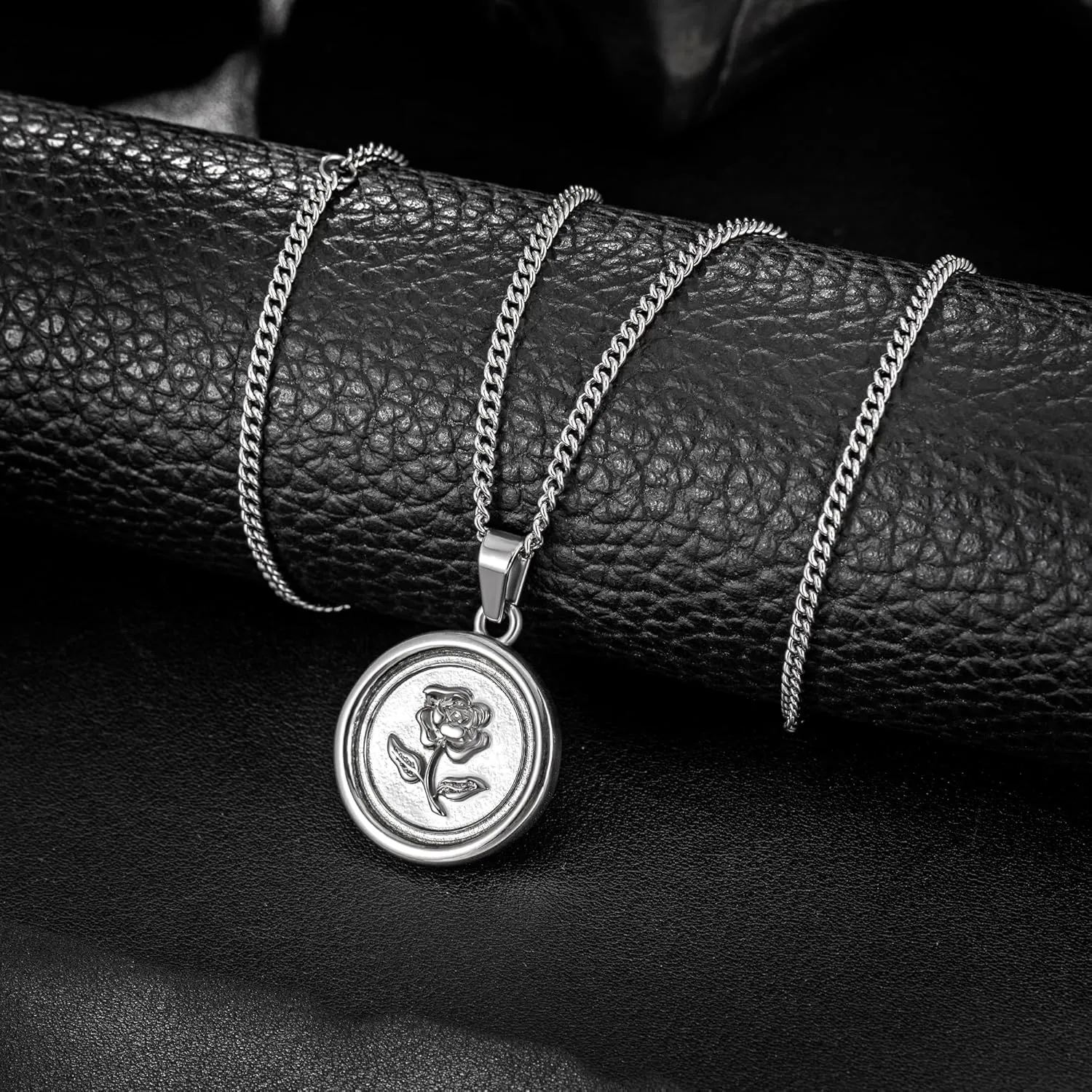 murtoo Rose Pendant Necklace for Men, Silver Stainless Steel Necklace with Carved Rose Pendant for Men and Women, Rose Flower Necklace
