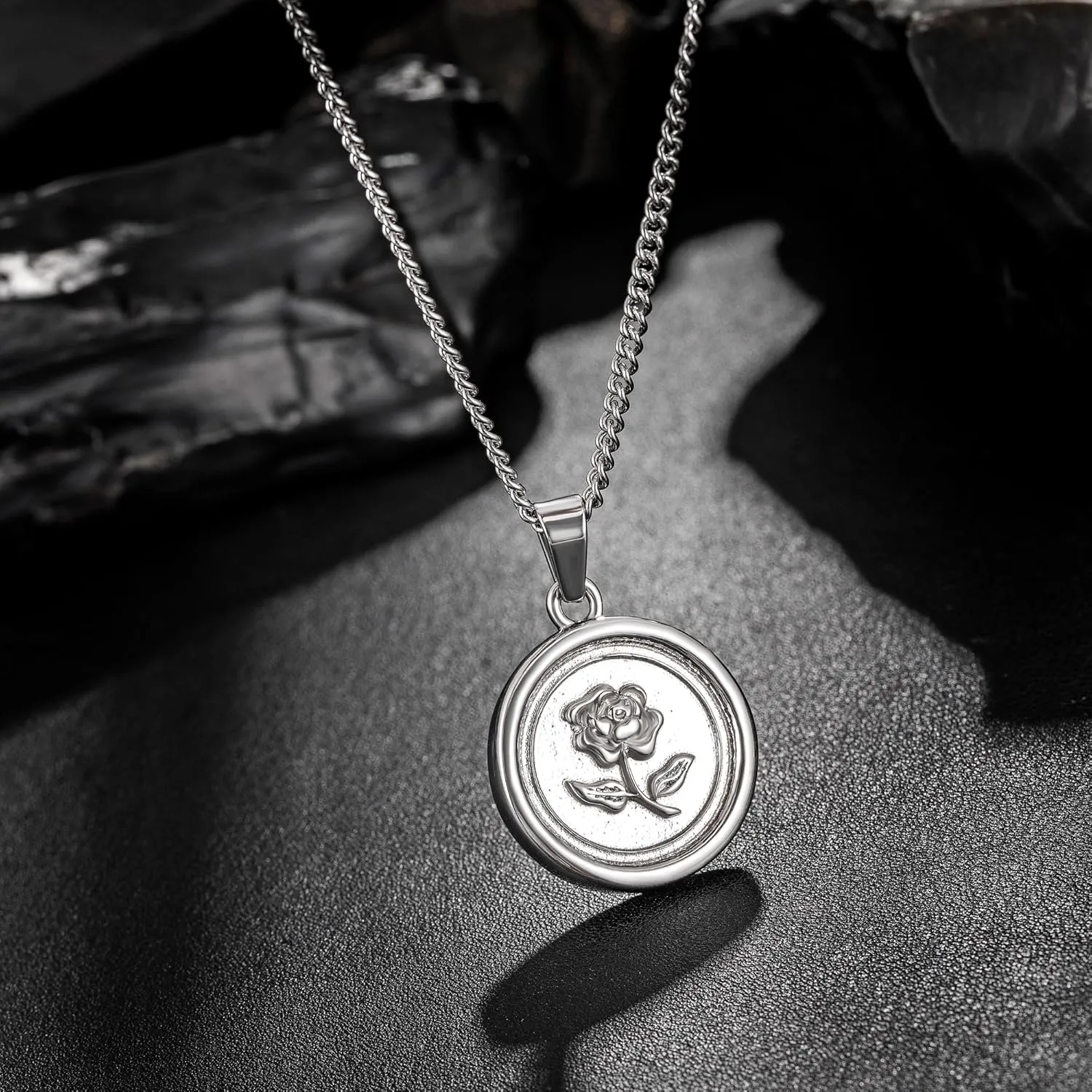murtoo Rose Pendant Necklace for Men, Silver Stainless Steel Necklace with Carved Rose Pendant for Men and Women, Rose Flower Necklace