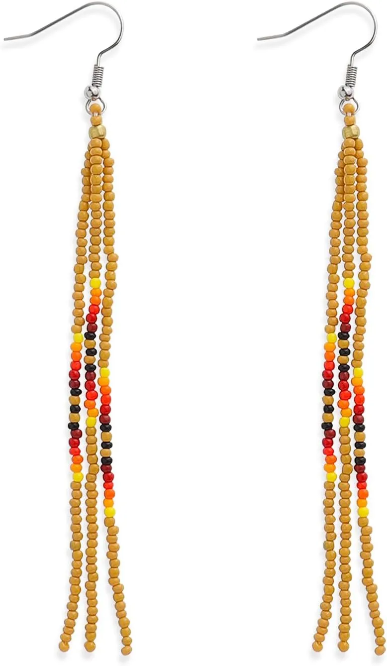 Native Long Beaded Tassel Earrings for Women, Boho Handmade Colorful Seed Beads Statement Dangle Earing Prom Jewelry Gift.