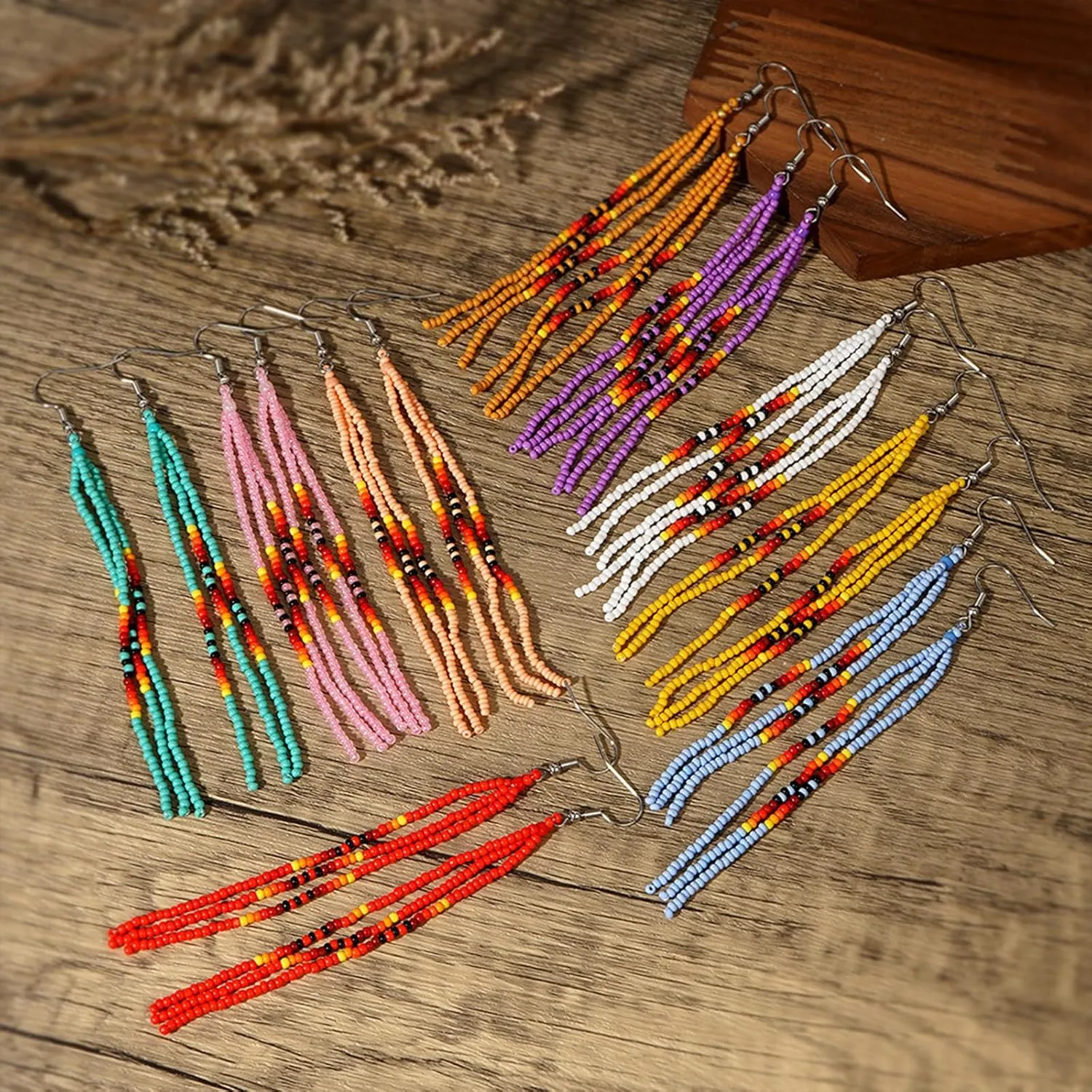 Native Long Beaded Tassel Earrings for Women, Boho Handmade Colorful Seed Beads Statement Dangle Earing Prom Jewelry Gift.
