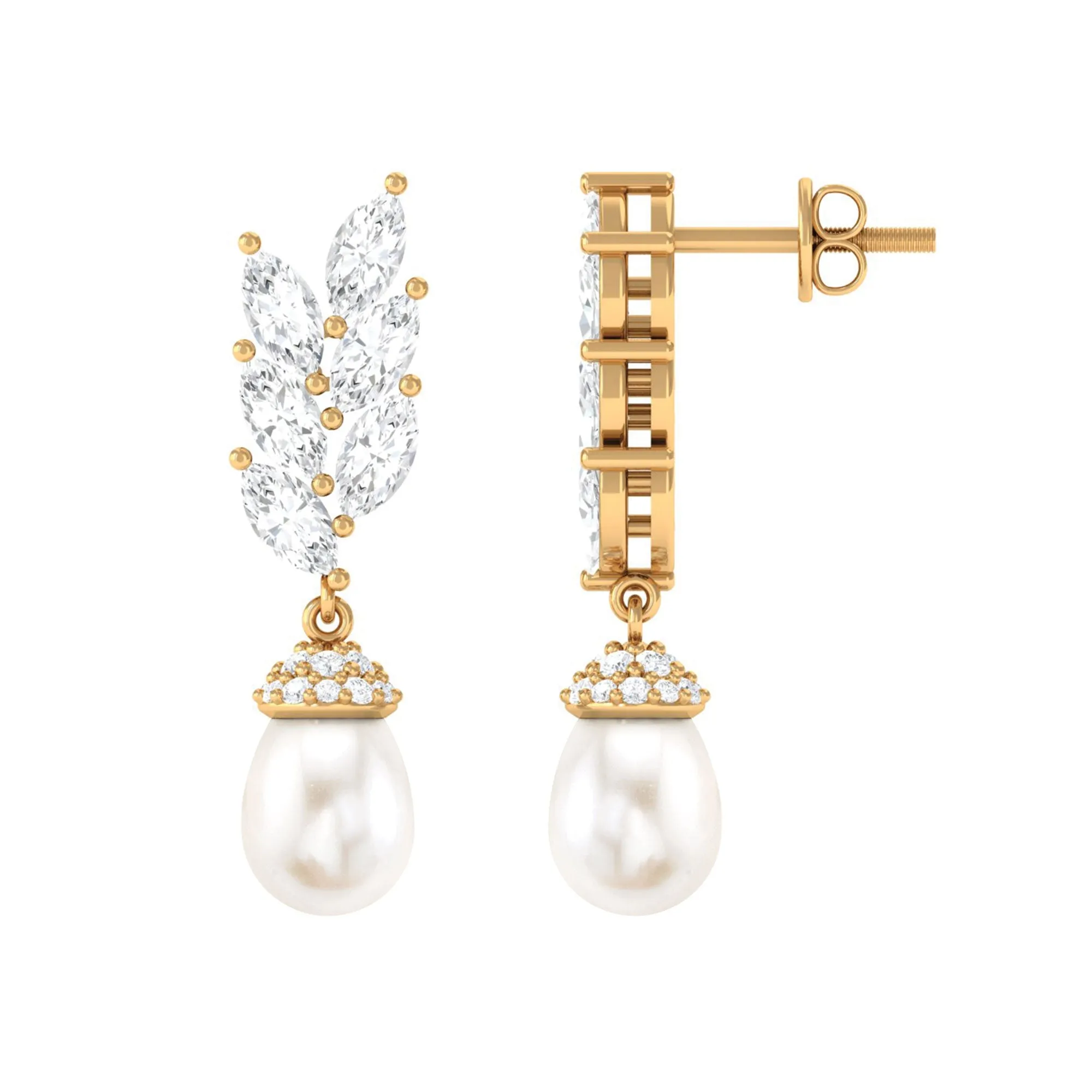Nature Inspired Real Freshwater Pearl Drop Earrings with Diamond