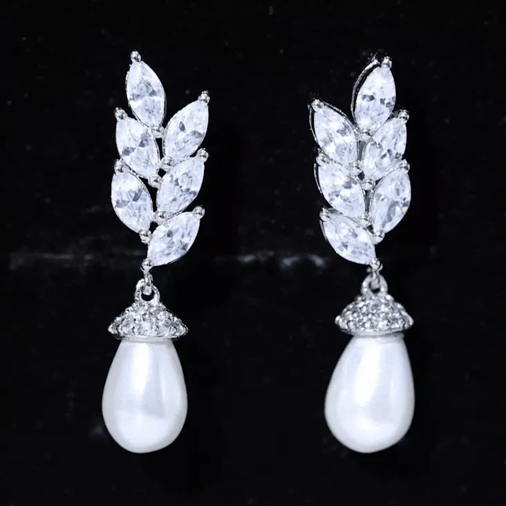 Nature Inspired Real Freshwater Pearl Drop Earrings with Diamond