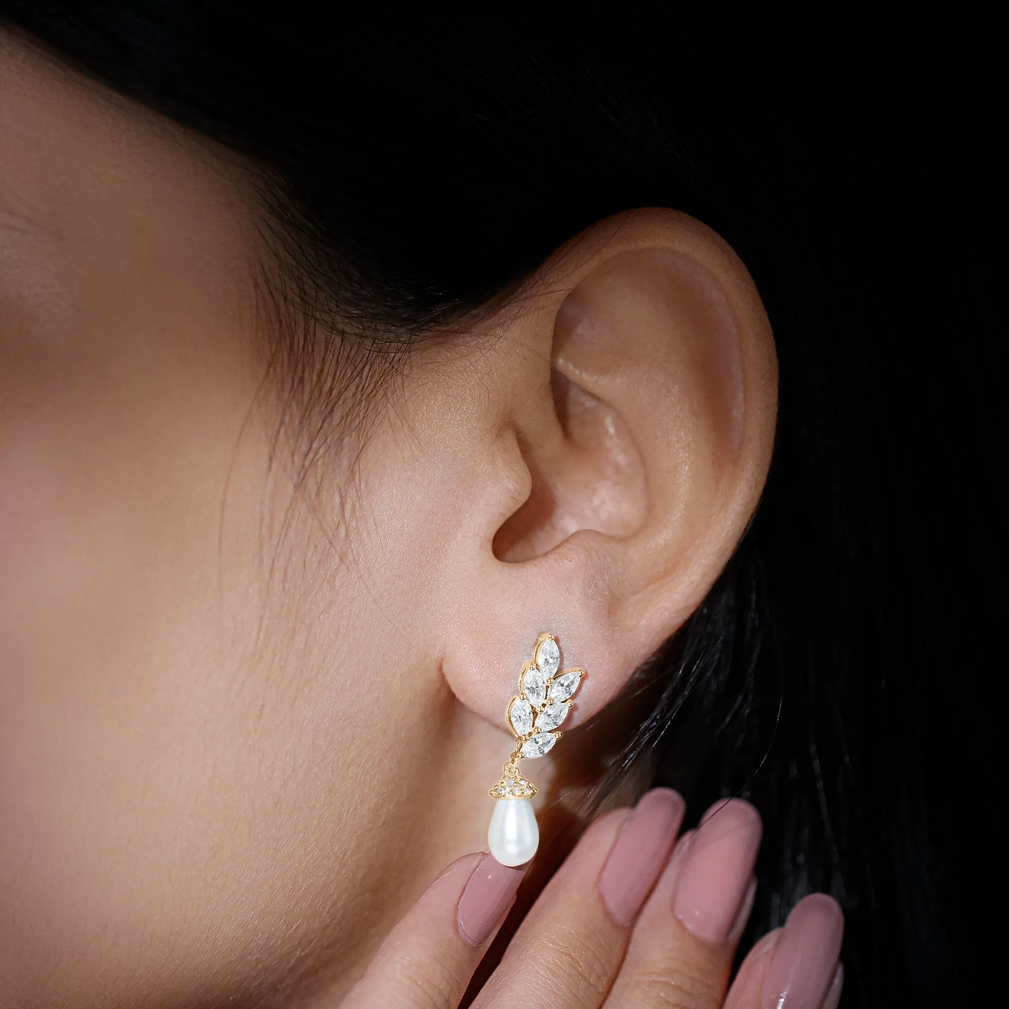 Nature Inspired Real Freshwater Pearl Drop Earrings with Diamond