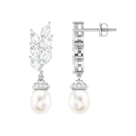 Nature Inspired Real Freshwater Pearl Drop Earrings with Diamond