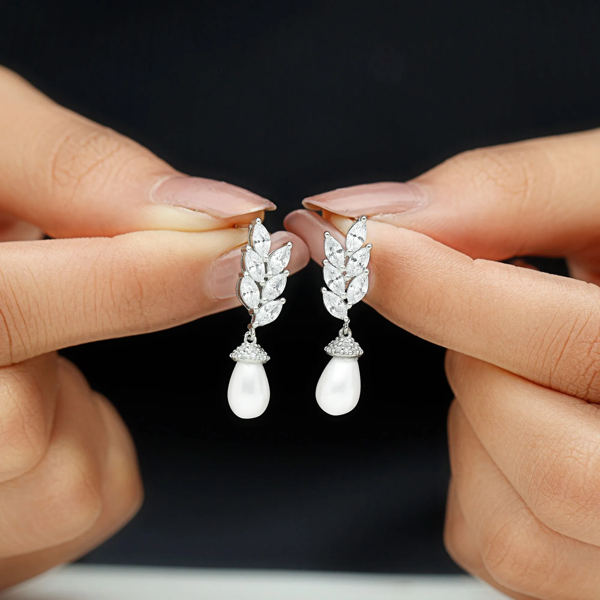 Nature Inspired Real Freshwater Pearl Drop Earrings with Diamond