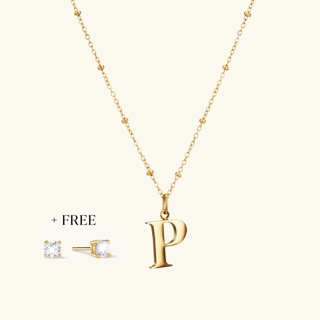 P Initial Pendant Necklace In Gold   FREE Diamond Stud Earrings in Gold