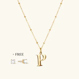 P Initial Pendant Necklace In Gold   FREE Diamond Stud Earrings in Gold