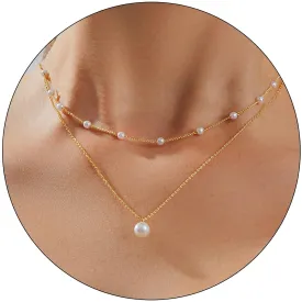 Pearl Necklace for Women Layered Trendy 14K Gold Plated Dainty Pearl Pendant Choker Set Handmade Pearl Gold Necklace Stack Simple Cute Jewelry Gifts for Women