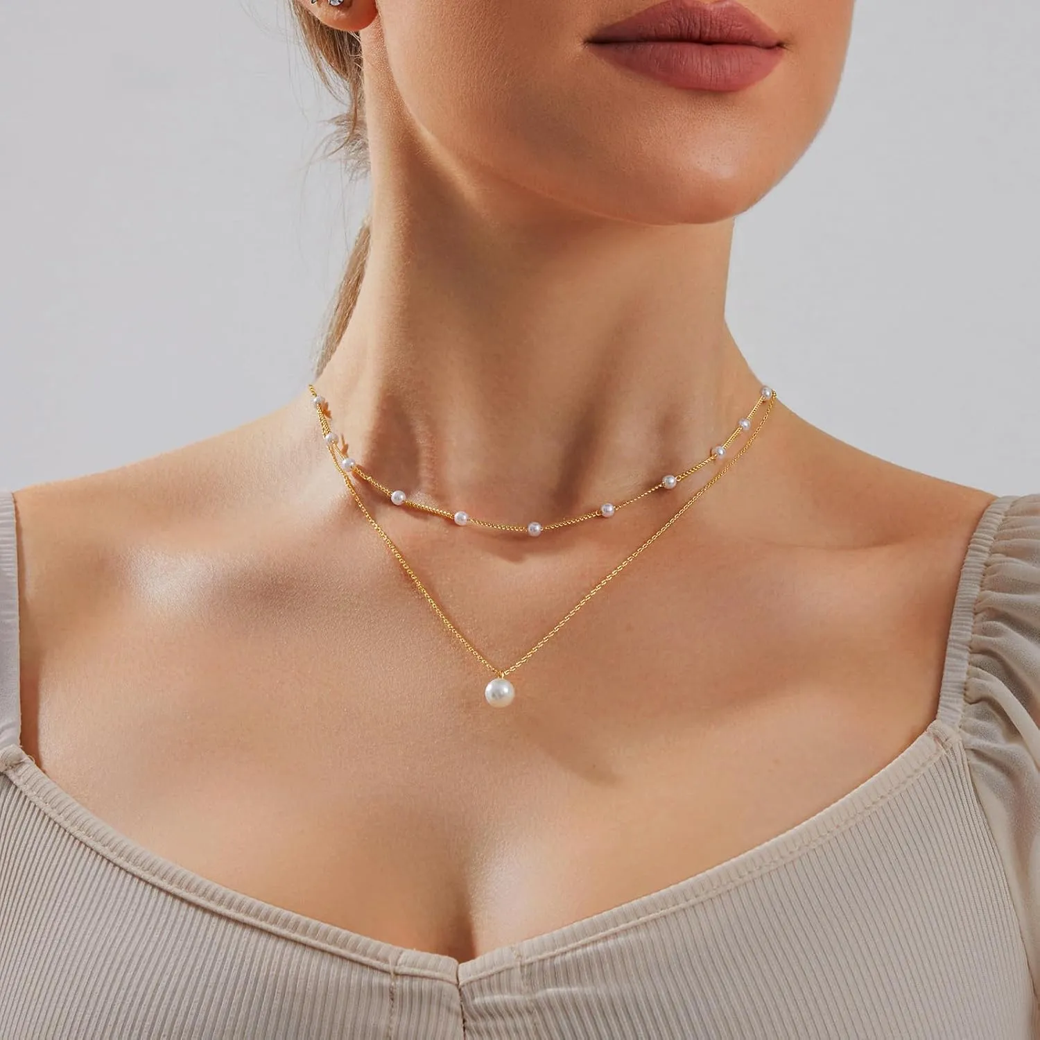 Pearl Necklace for Women Layered Trendy 14K Gold Plated Dainty Pearl Pendant Choker Set Handmade Pearl Gold Necklace Stack Simple Cute Jewelry Gifts for Women