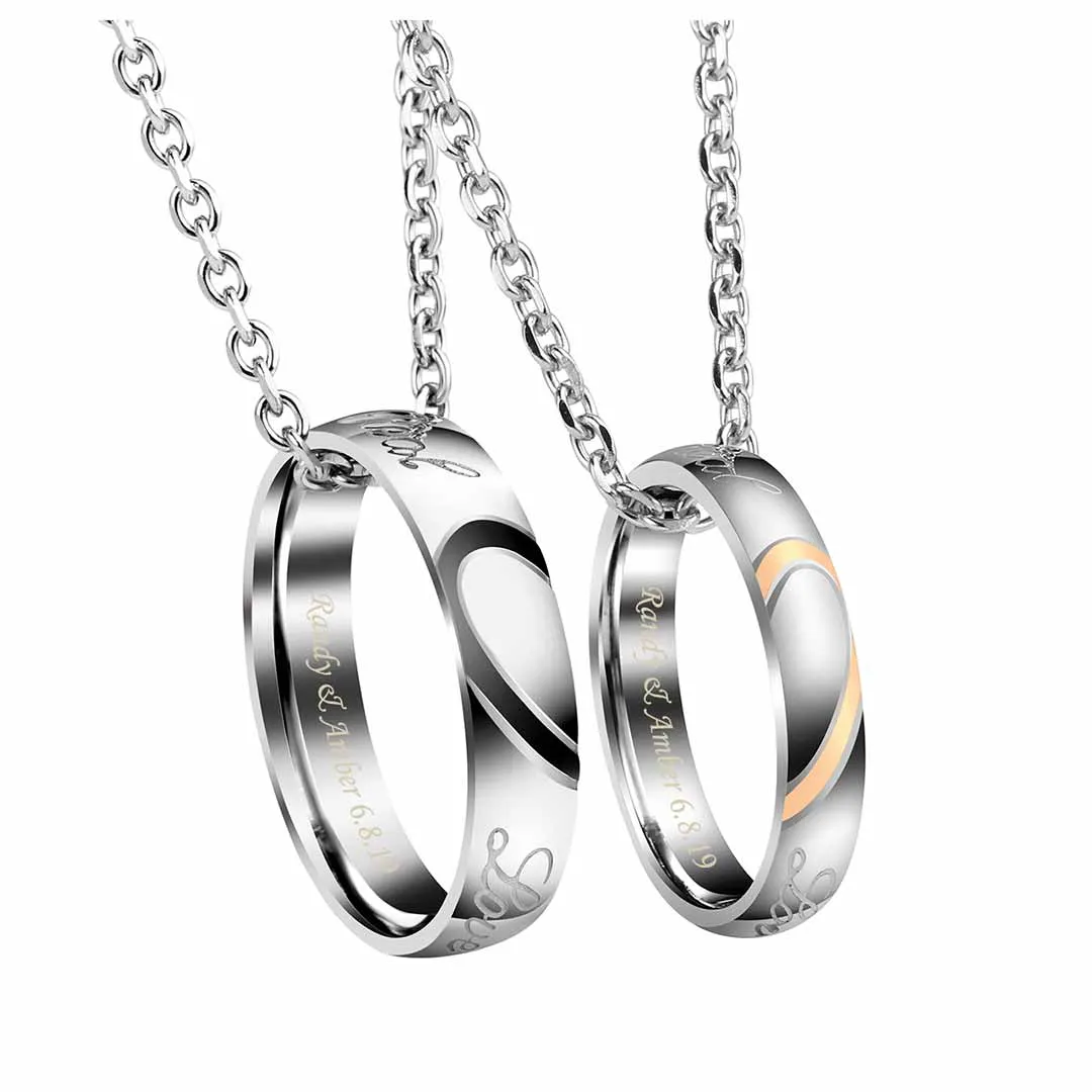 Personalized Love Heart Matching Rings Couple Necklaces | Jovivi