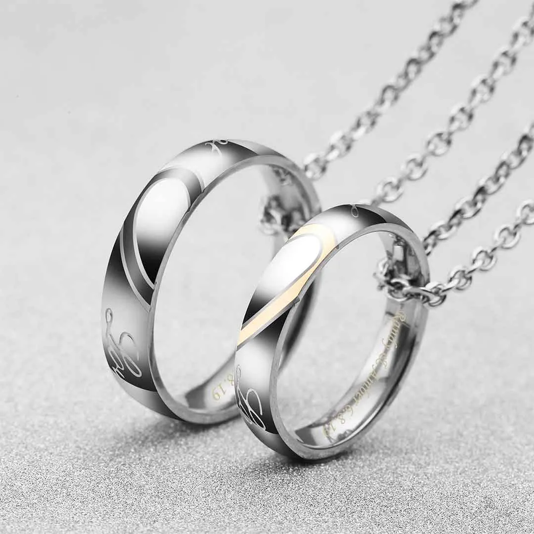 Personalized Love Heart Matching Rings Couple Necklaces | Jovivi