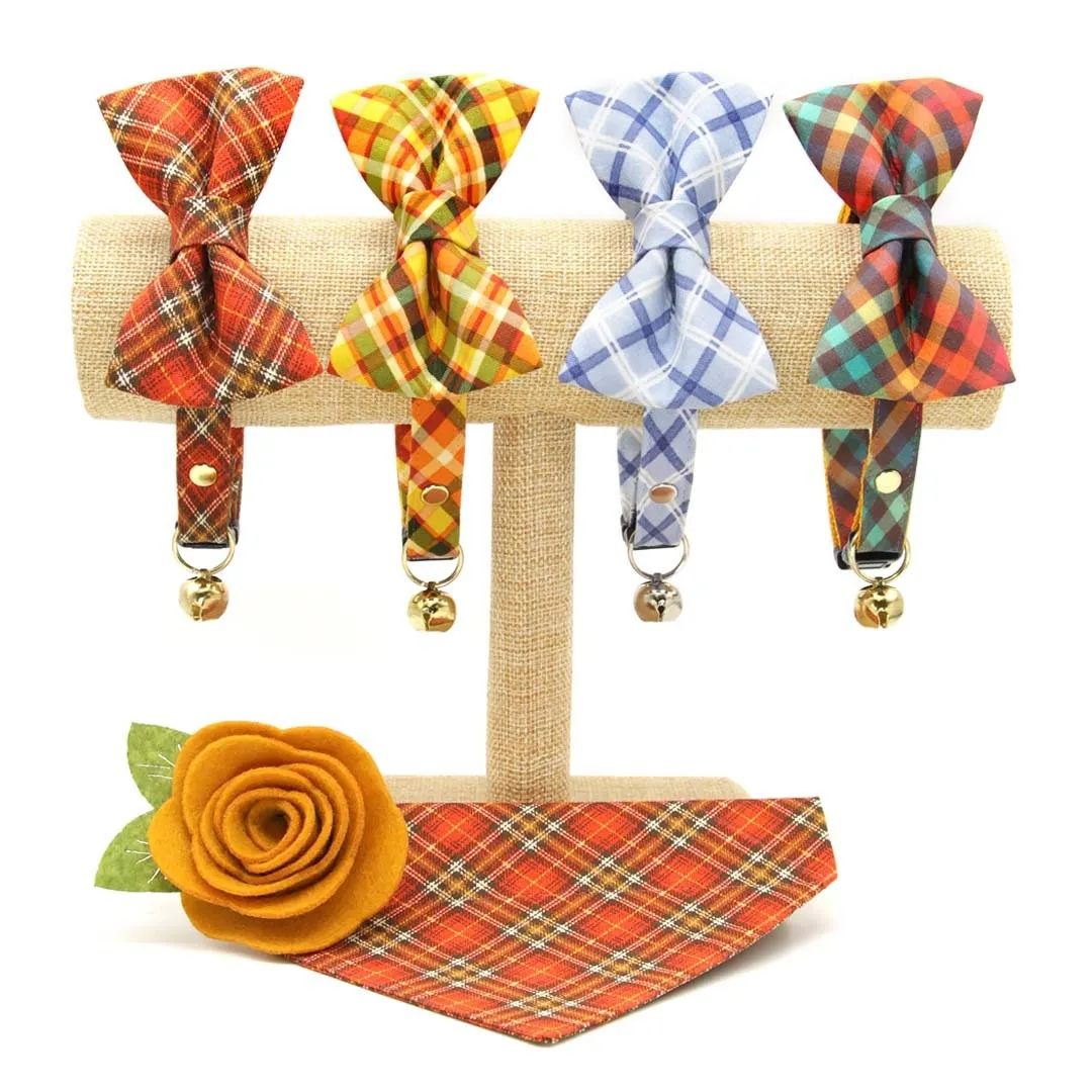 Pet Bow Tie - "Campfire" - Smoky Plaid Cat Bow Tie / Fall, Autumn, Thanksgiving / For Cats   Small Dogs (One Size)