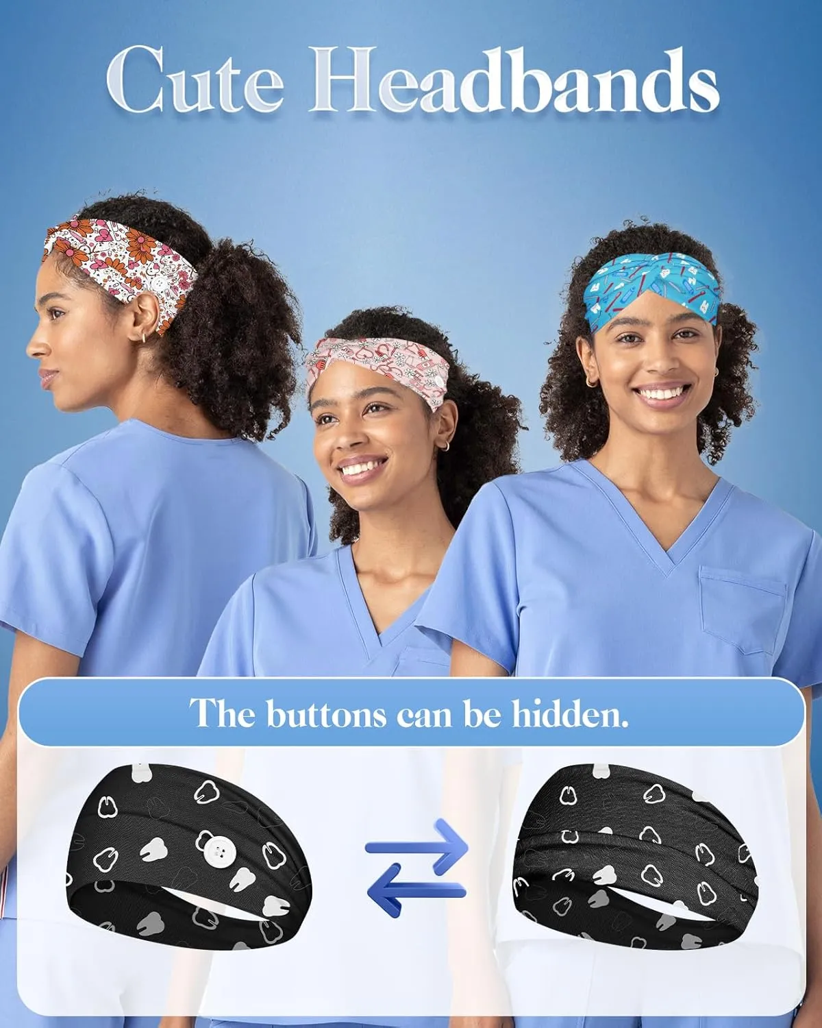 Plifal 4pcs Nurse Headbands for Women with Buttons Non Slip - Cute Dental Doctor Nursing Sweat Wicking Head Bands, Elastic Wide Turban Soft Hair Bands Accessories for Medical Healthcare Work