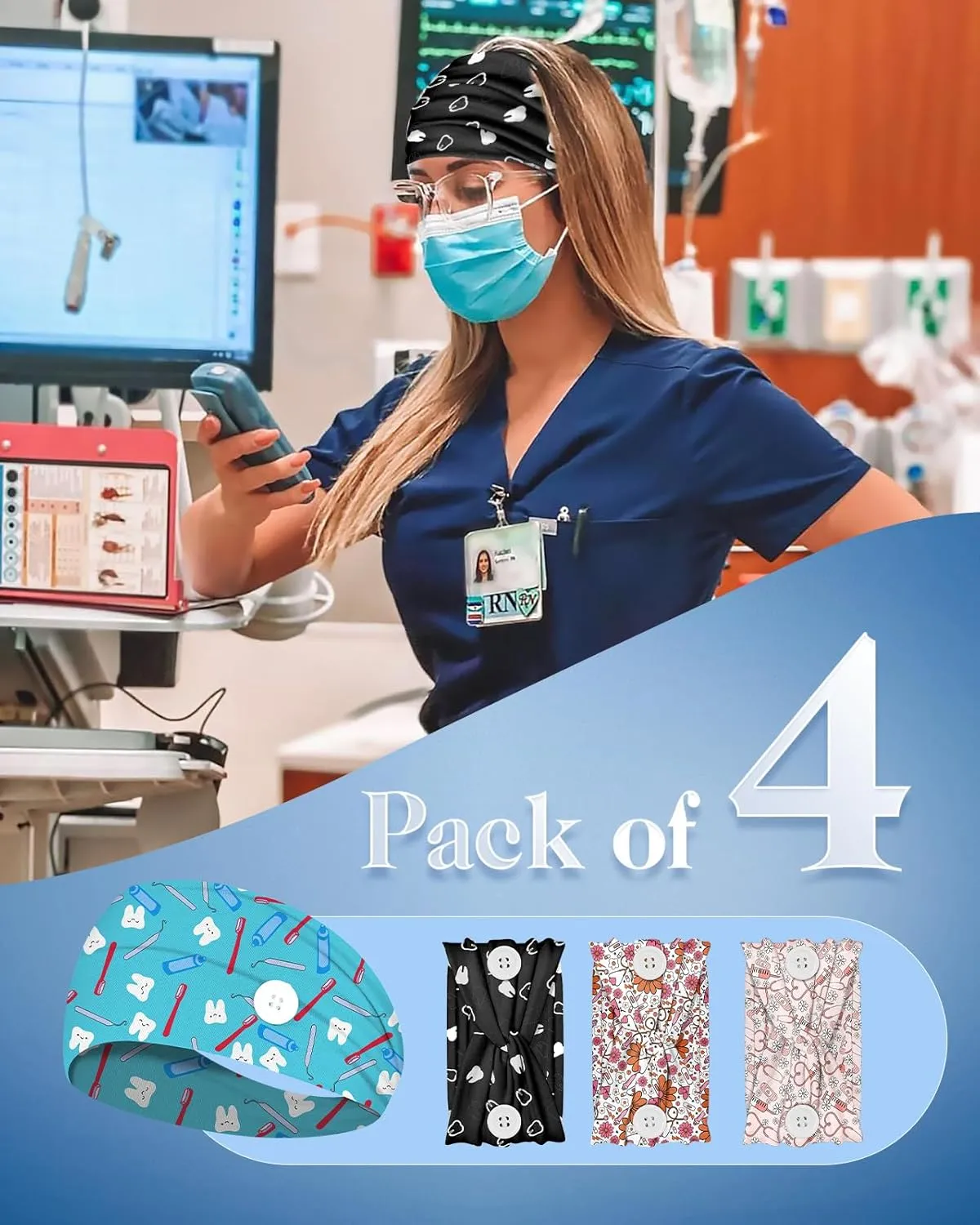 Plifal 4pcs Nurse Headbands for Women with Buttons Non Slip - Cute Dental Doctor Nursing Sweat Wicking Head Bands, Elastic Wide Turban Soft Hair Bands Accessories for Medical Healthcare Work