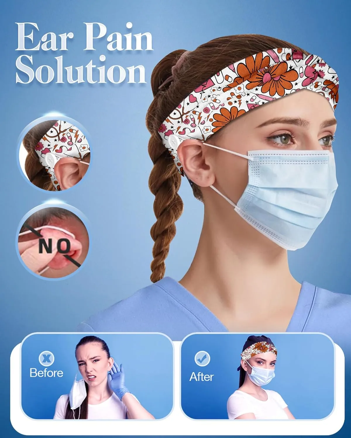 Plifal 4pcs Nurse Headbands for Women with Buttons Non Slip - Cute Dental Doctor Nursing Sweat Wicking Head Bands, Elastic Wide Turban Soft Hair Bands Accessories for Medical Healthcare Work