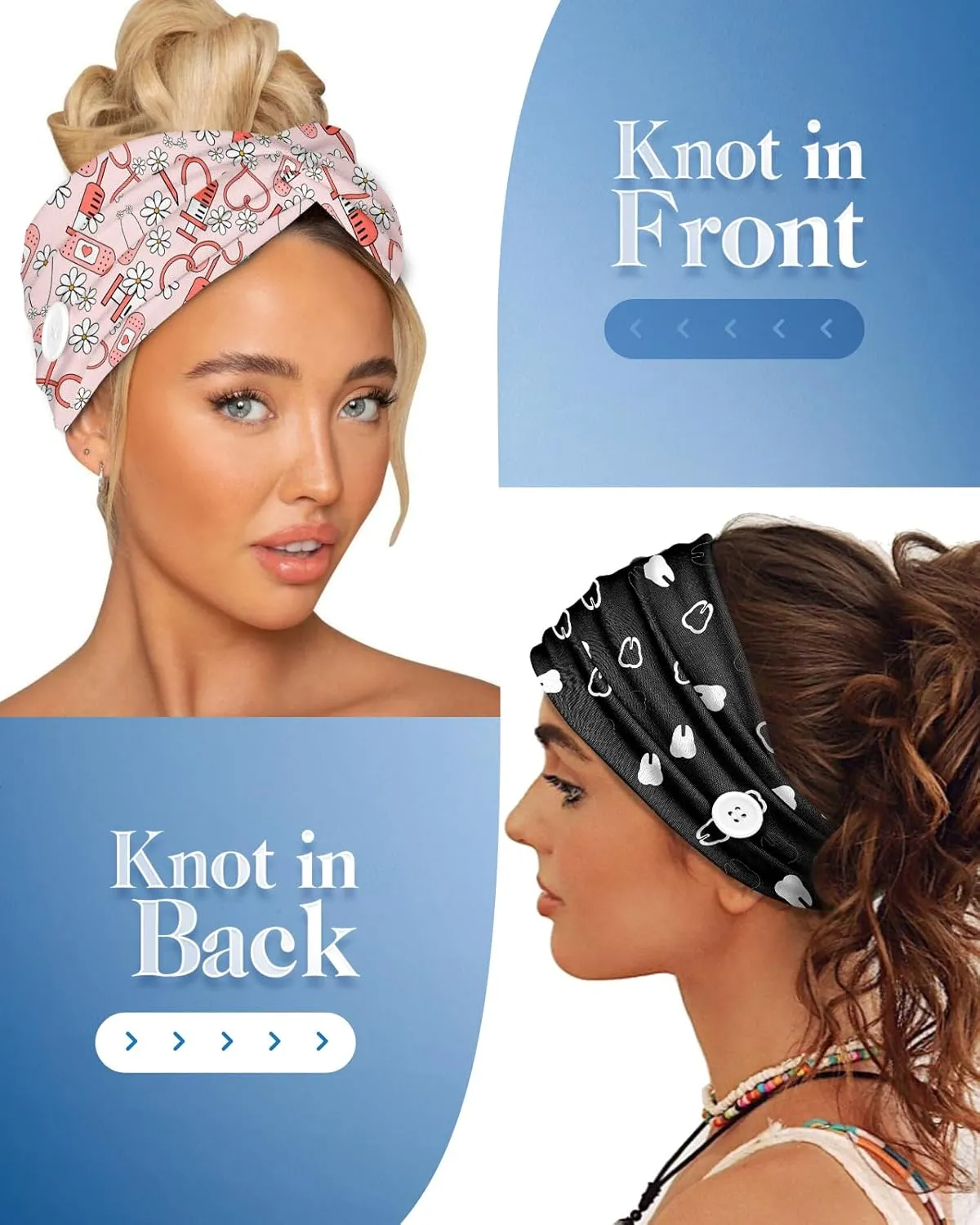 Plifal 4pcs Nurse Headbands for Women with Buttons Non Slip - Cute Dental Doctor Nursing Sweat Wicking Head Bands, Elastic Wide Turban Soft Hair Bands Accessories for Medical Healthcare Work