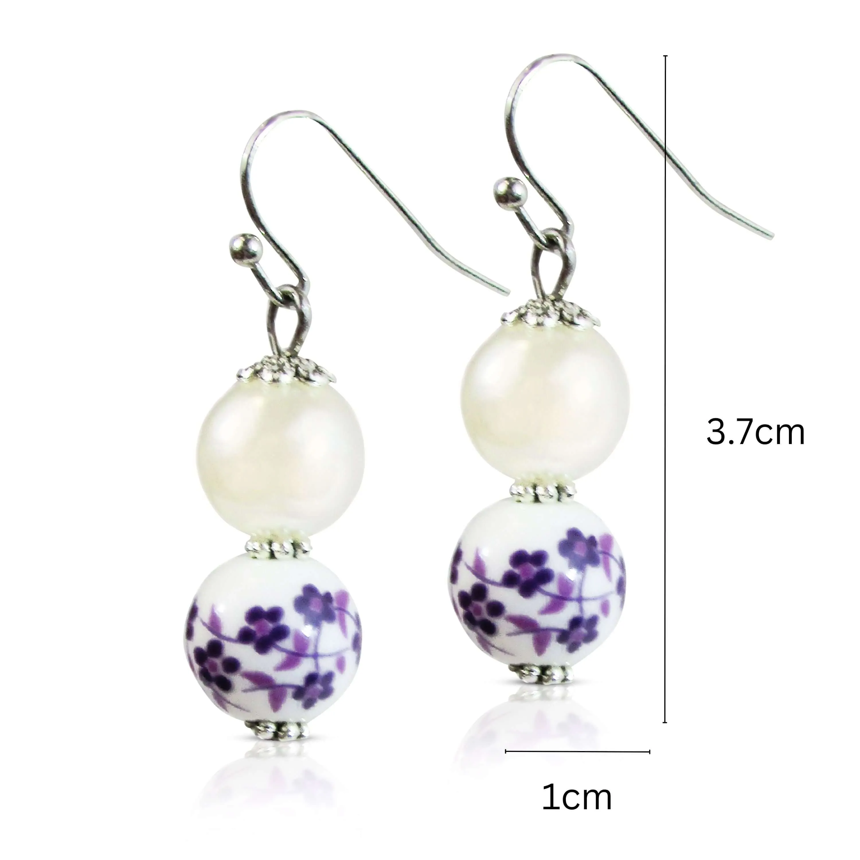 Purple Flower & Simulated Pearl Beaded Dangle Earrings