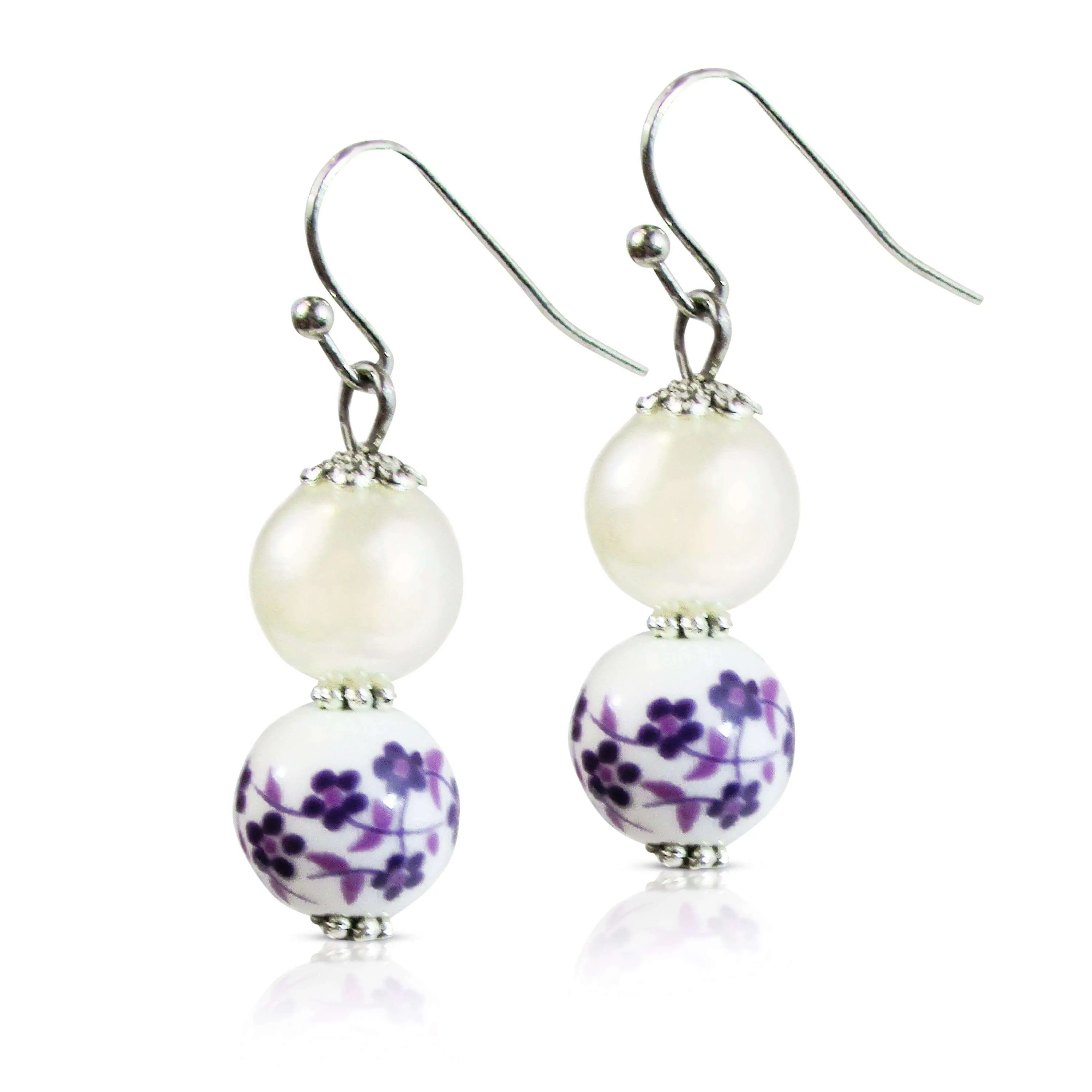 Purple Flower & Simulated Pearl Beaded Dangle Earrings