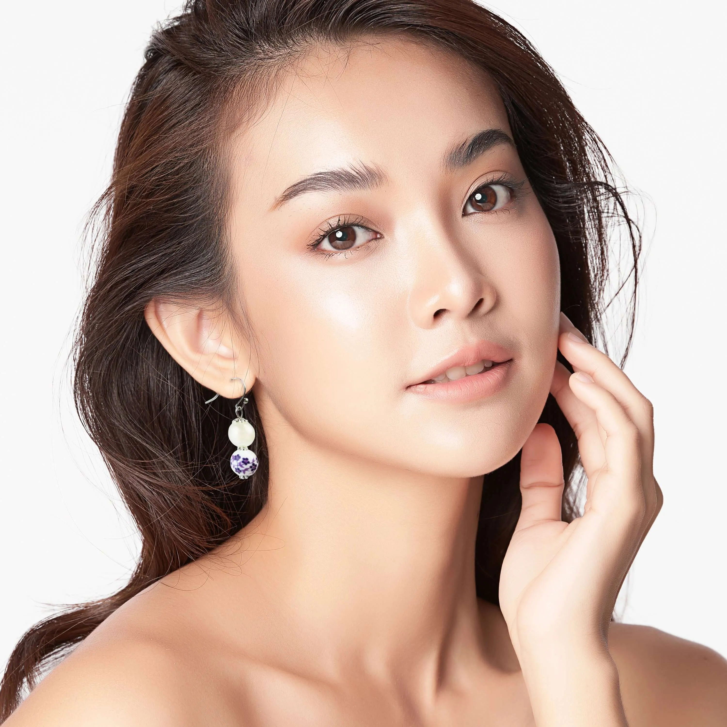 Purple Flower & Simulated Pearl Beaded Dangle Earrings