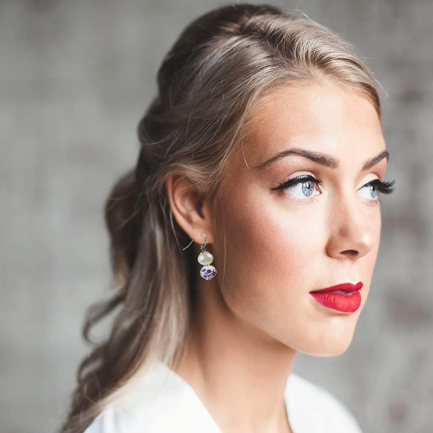 Purple Flower & Simulated Pearl Beaded Dangle Earrings