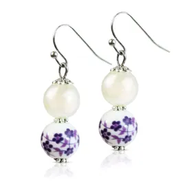 Purple Flower & Simulated Pearl Beaded Dangle Earrings