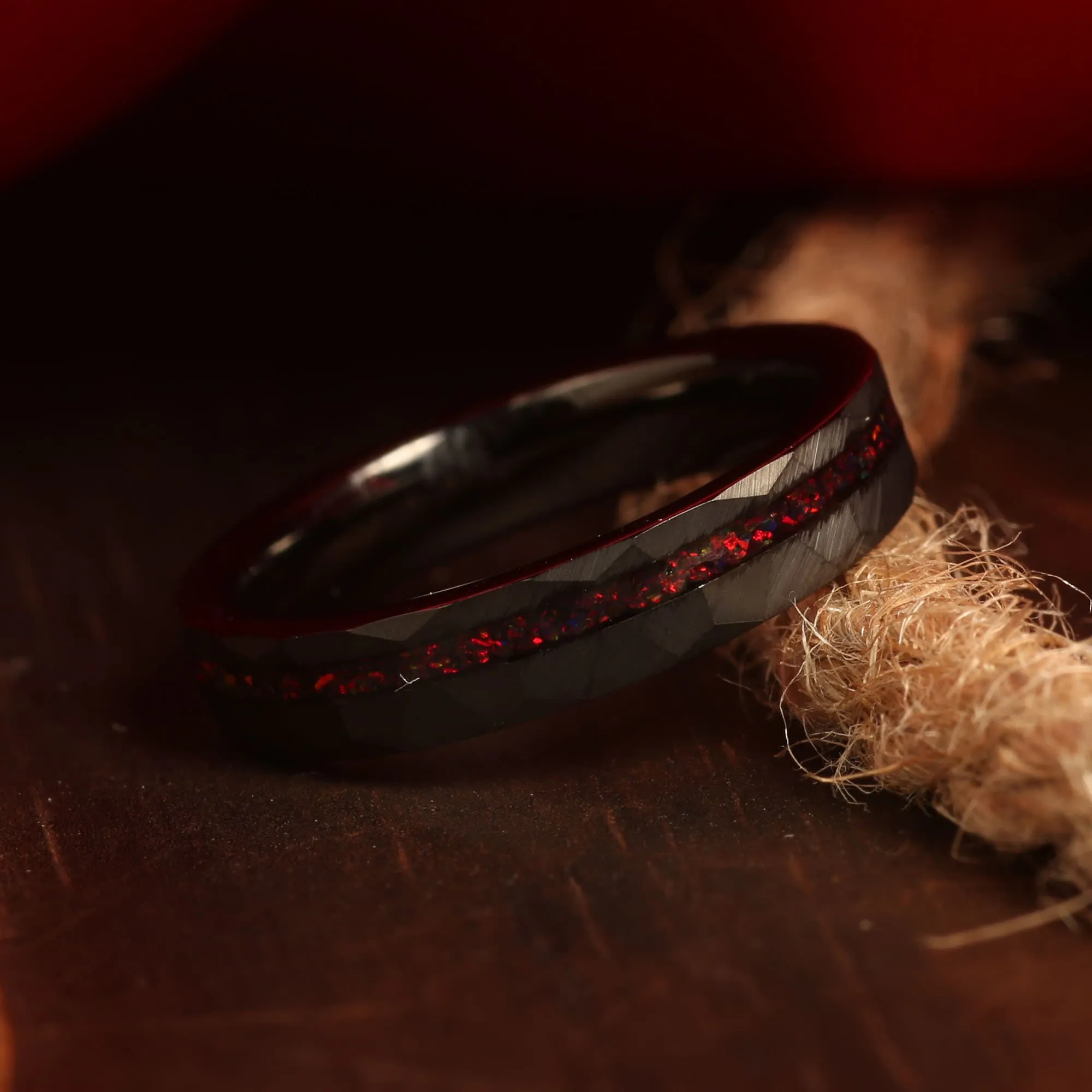 "Eclipse Flame" Ring Set – Crushed Black Fire Opal His and Hers Hammered Tungsten Wedding Bands