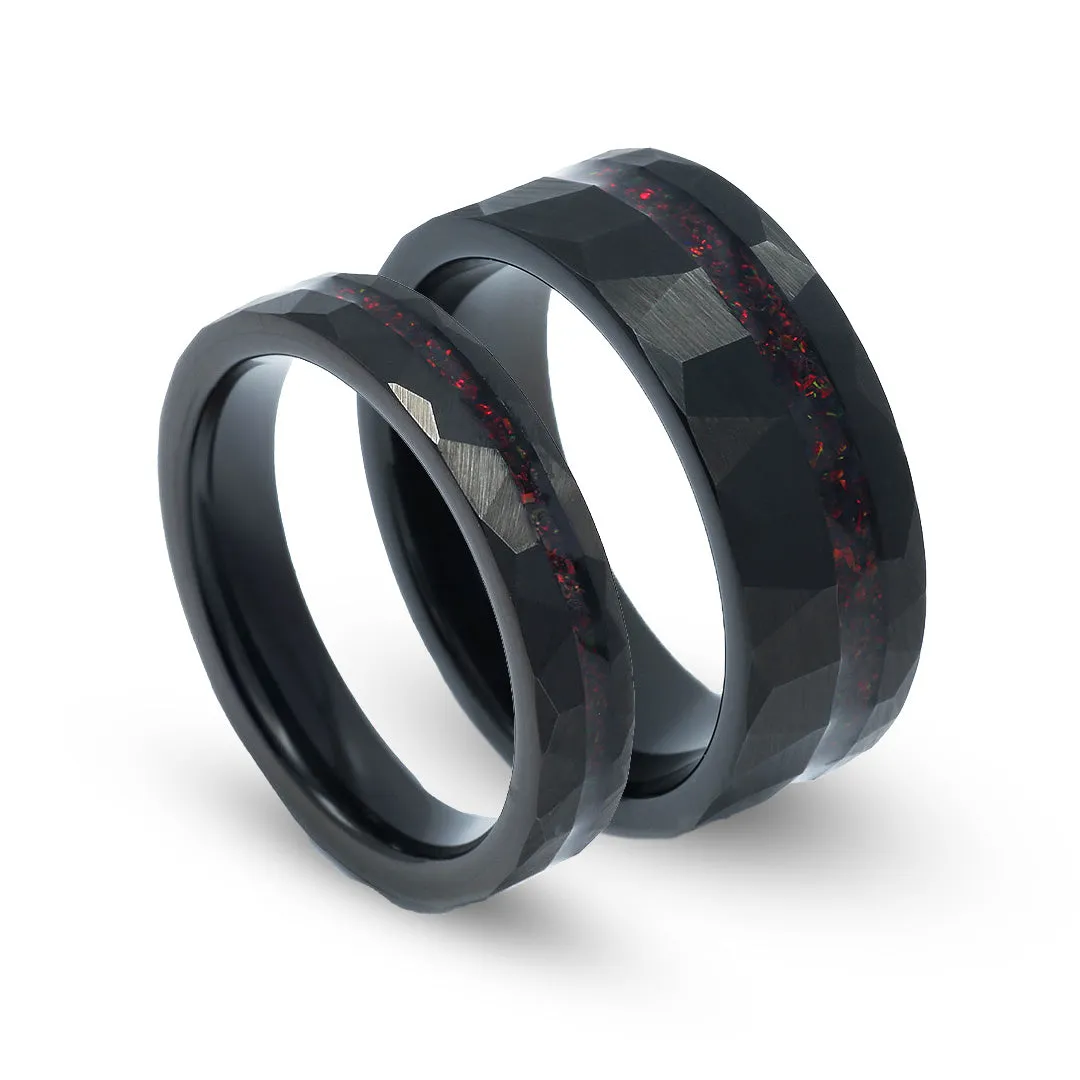 "Eclipse Flame" Ring Set – Crushed Black Fire Opal His and Hers Hammered Tungsten Wedding Bands