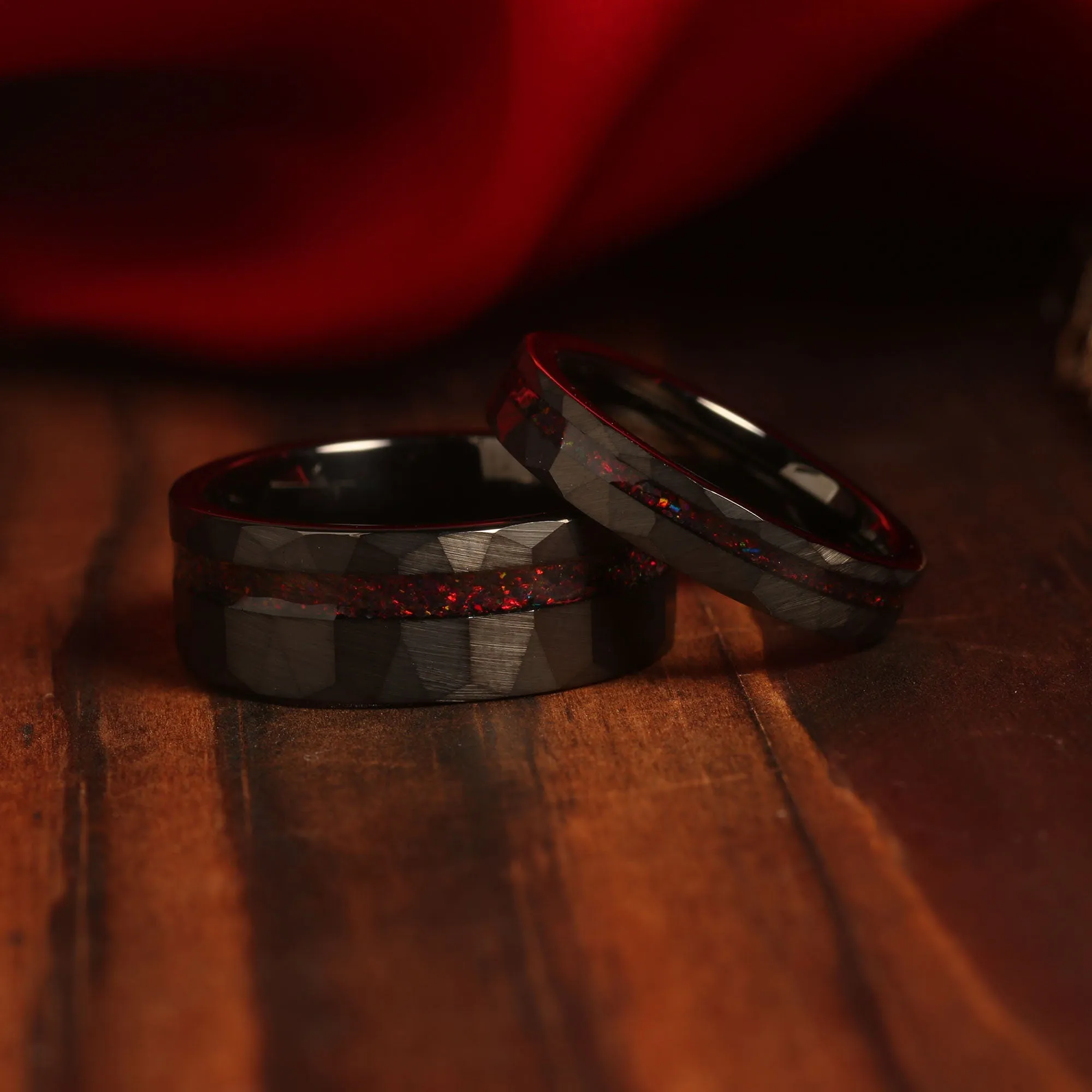 "Eclipse Flame" Ring Set – Crushed Black Fire Opal His and Hers Hammered Tungsten Wedding Bands