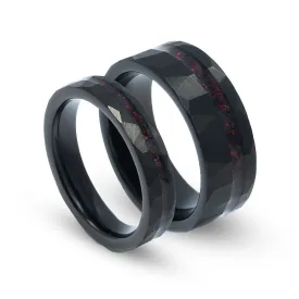 "Eclipse Flame" Ring Set – Crushed Black Fire Opal His and Hers Hammered Tungsten Wedding Bands