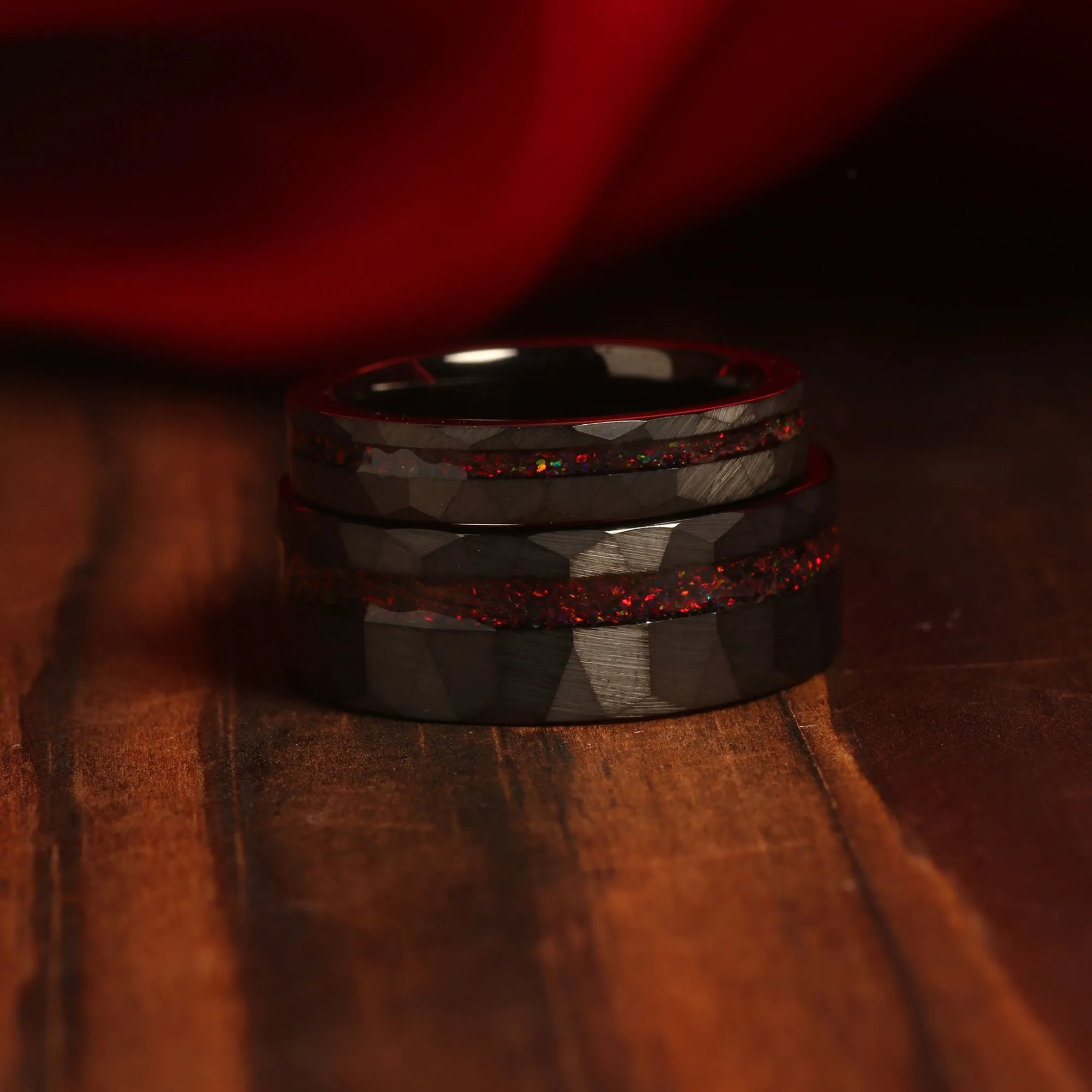 "Eclipse Flame" Ring Set – Crushed Black Fire Opal His and Hers Hammered Tungsten Wedding Bands