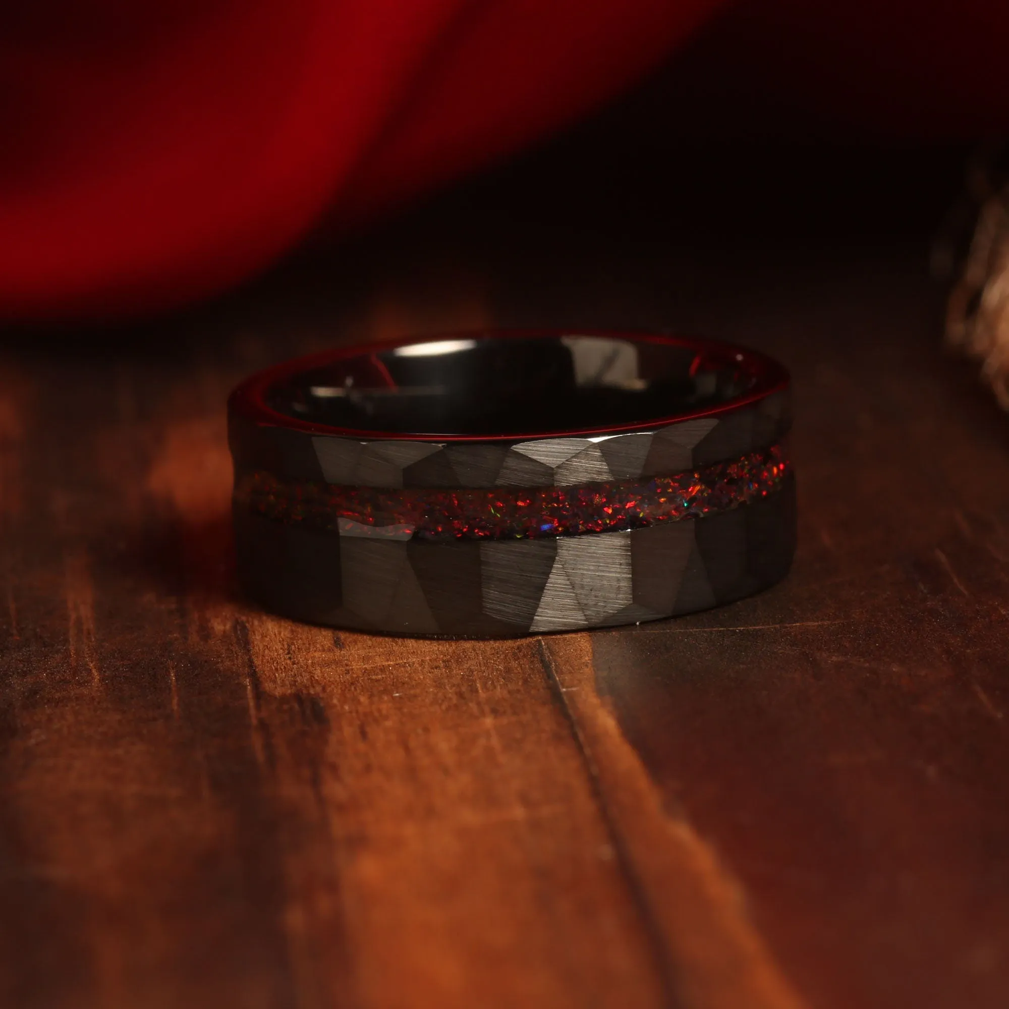 "Eclipse Flame" Ring Set – Crushed Black Fire Opal His and Hers Hammered Tungsten Wedding Bands