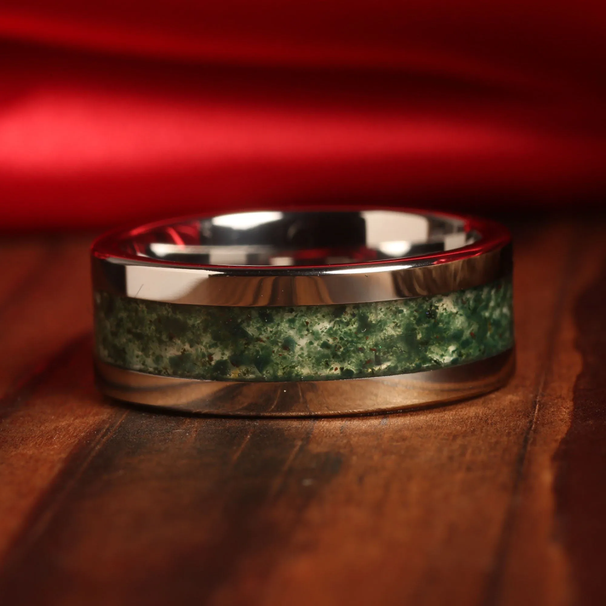 "Verdant Bond" Ring Set Green Moss Agate His and Hers Matching Silver Tungsten Wedding Bands