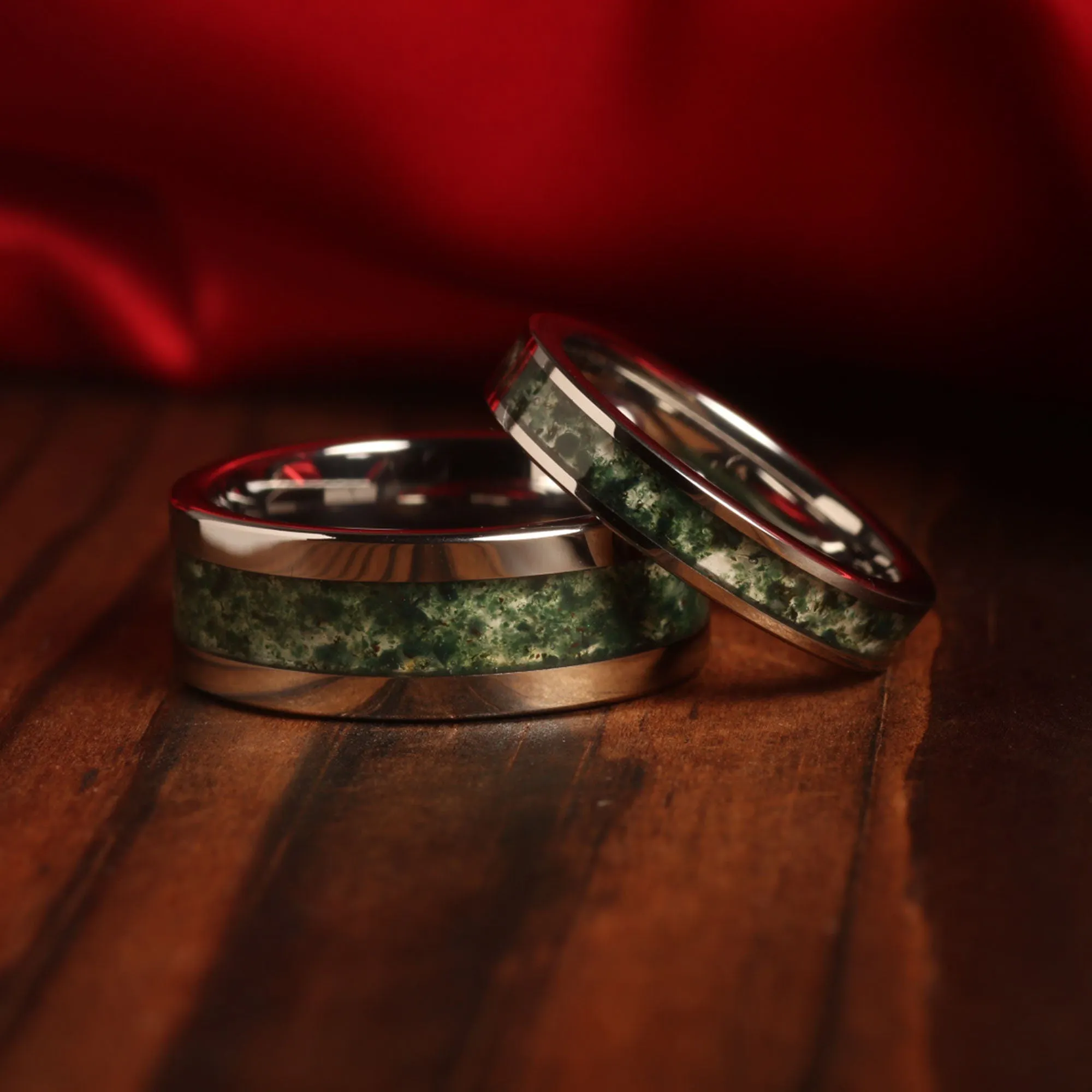 "Verdant Bond" Ring Set Green Moss Agate His and Hers Matching Silver Tungsten Wedding Bands