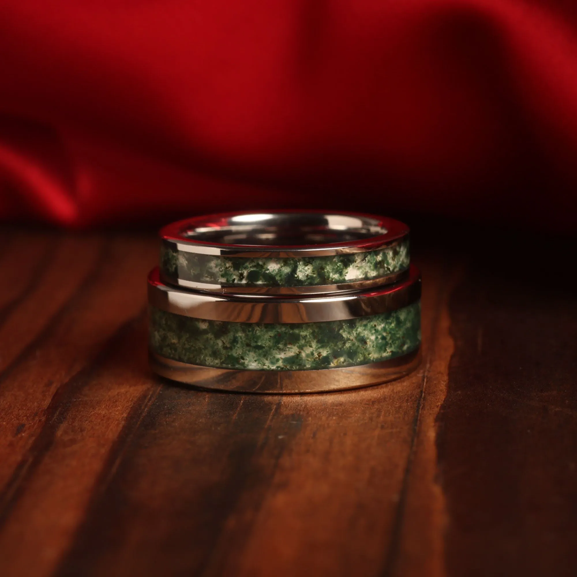 "Verdant Bond" Ring Set Green Moss Agate His and Hers Matching Silver Tungsten Wedding Bands
