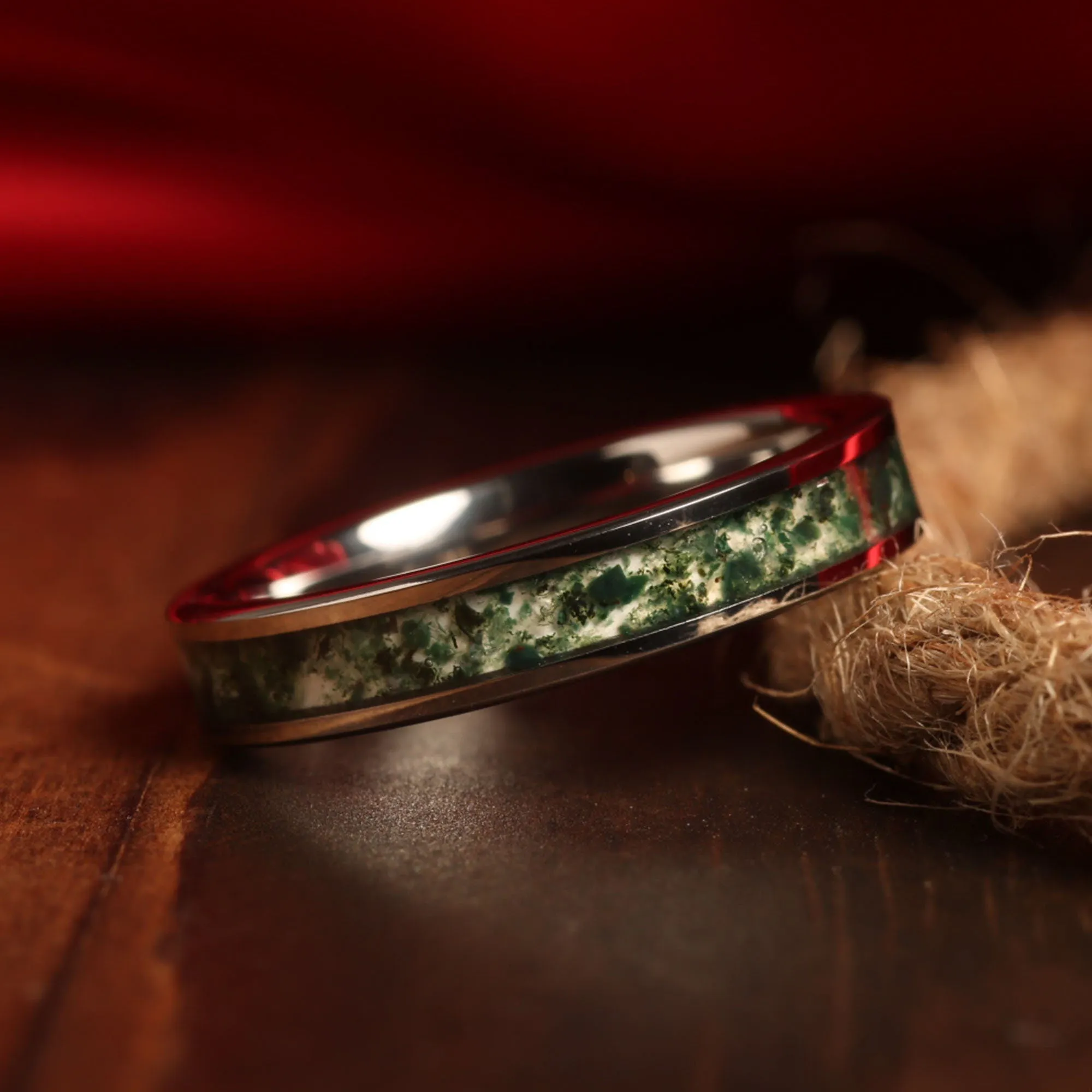 "Verdant Bond" Ring Set Green Moss Agate His and Hers Matching Silver Tungsten Wedding Bands