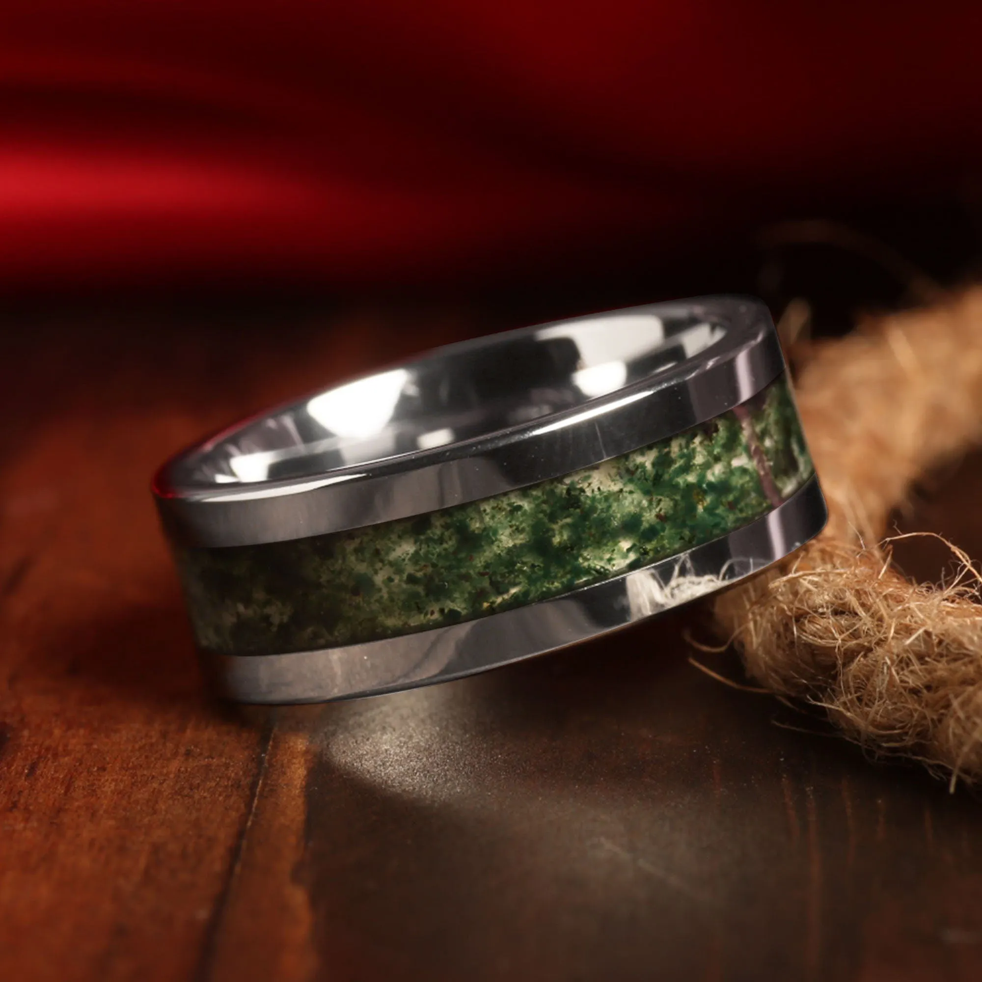"Verdant Bond" Ring Set Green Moss Agate His and Hers Matching Silver Tungsten Wedding Bands