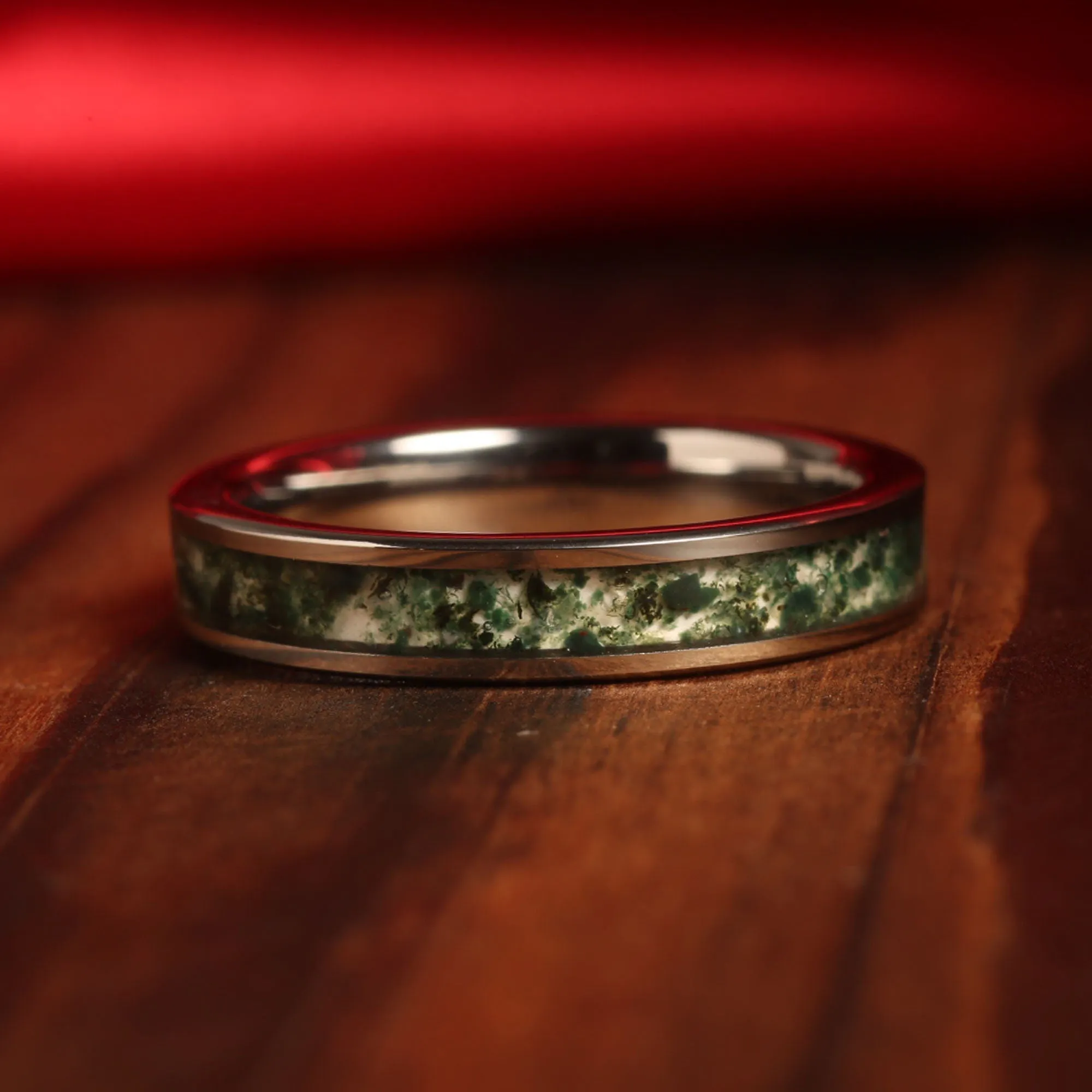 "Verdant Bond" Ring Set Green Moss Agate His and Hers Matching Silver Tungsten Wedding Bands
