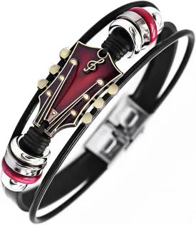 Retro Guitar Leather Bracelet for Man Women Unique Bead Braided Handmade Ethnic Tribal Cuff Multi-Layer Cords Wrap Music Shape Punk Rock Jewelry Gifts Wristband
