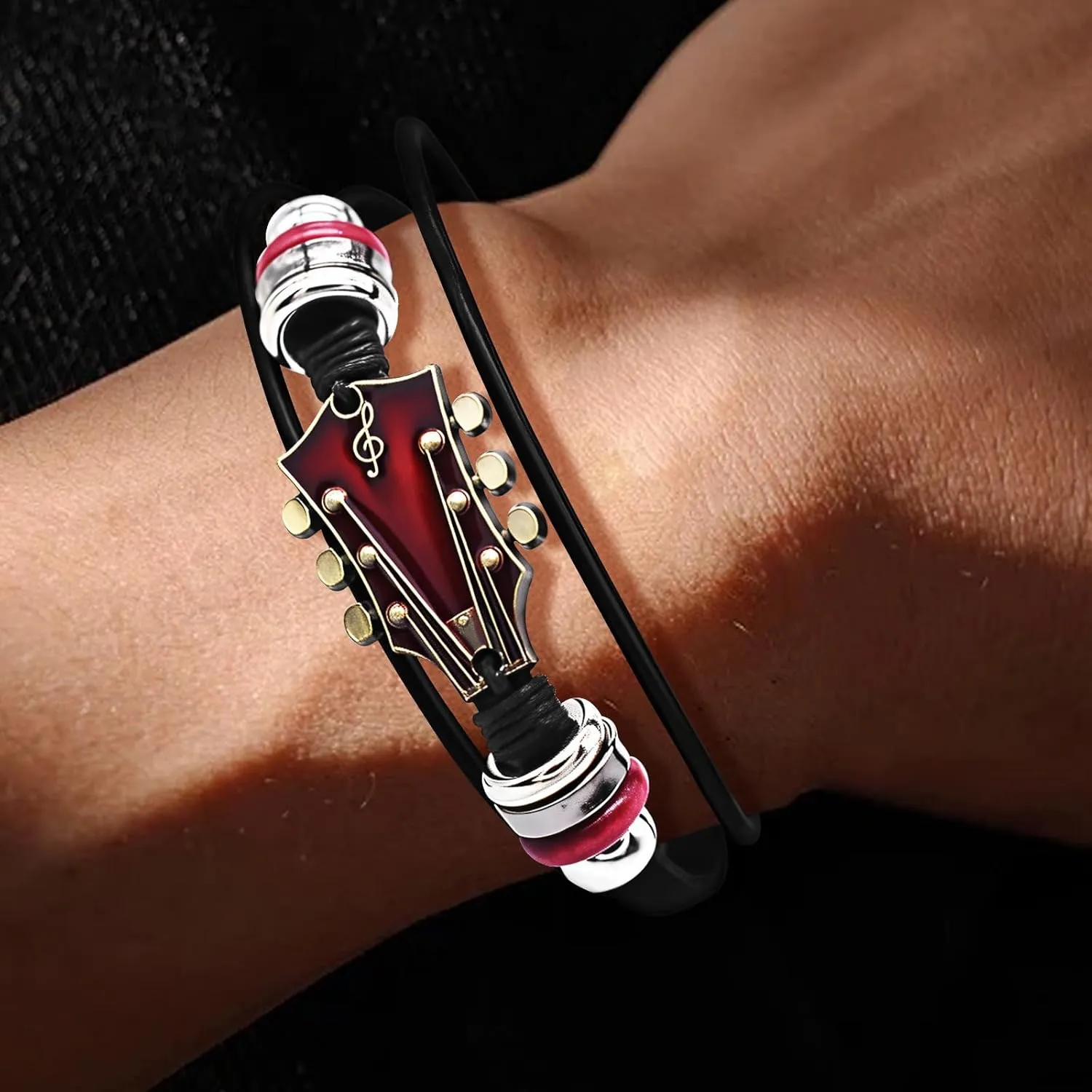 Retro Guitar Leather Bracelet for Man Women Unique Bead Braided Handmade Ethnic Tribal Cuff Multi-Layer Cords Wrap Music Shape Punk Rock Jewelry Gifts Wristband