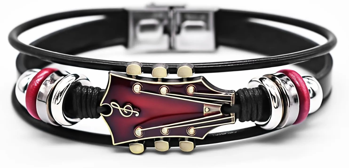 Retro Guitar Leather Bracelet for Man Women Unique Bead Braided Handmade Ethnic Tribal Cuff Multi-Layer Cords Wrap Music Shape Punk Rock Jewelry Gifts Wristband