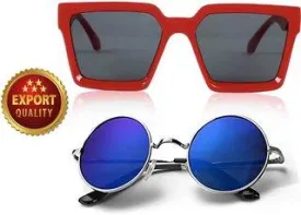Round, Retro Square Sunglasses (For Men & Women, Red, Blue)