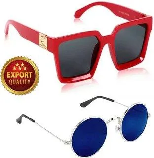 Round, Retro Square Sunglasses (For Men & Women, Red, Blue)