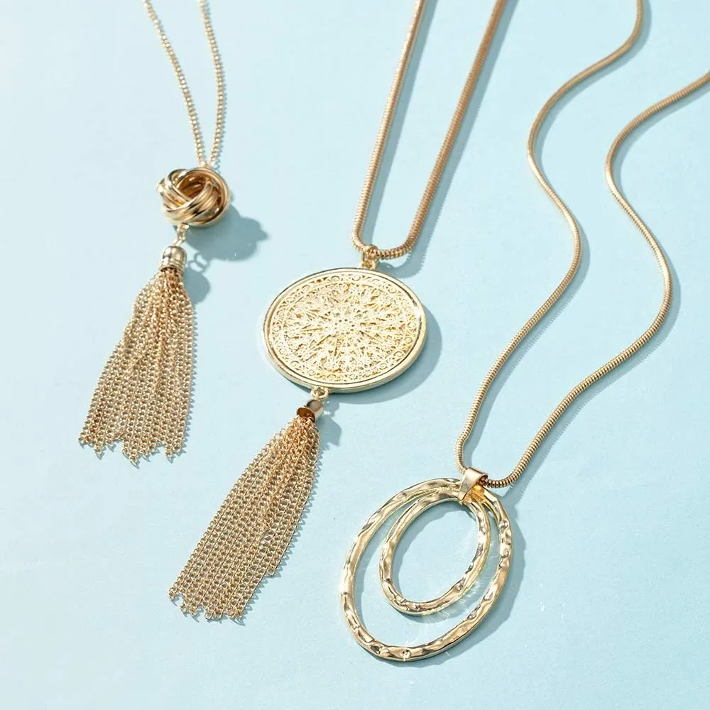 SEVENSTONE 3PCS Long Pendant Necklaces for Women Knot Disk Circle Tassel Statement Sweater Necklace Set