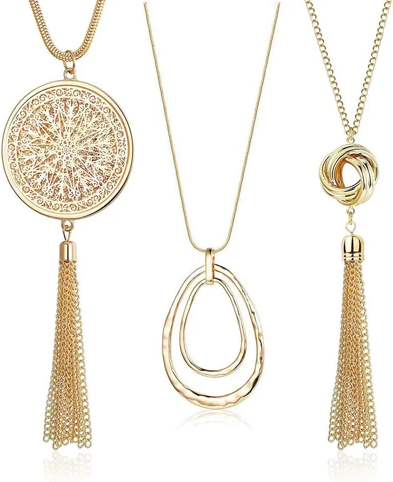 SEVENSTONE 3PCS Long Pendant Necklaces for Women Knot Disk Circle Tassel Statement Sweater Necklace Set