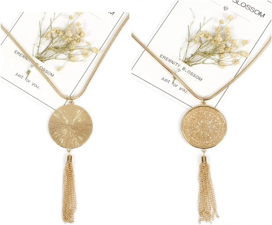 SEVENSTONE 3PCS Long Pendant Necklaces for Women Knot Disk Circle Tassel Statement Sweater Necklace Set
